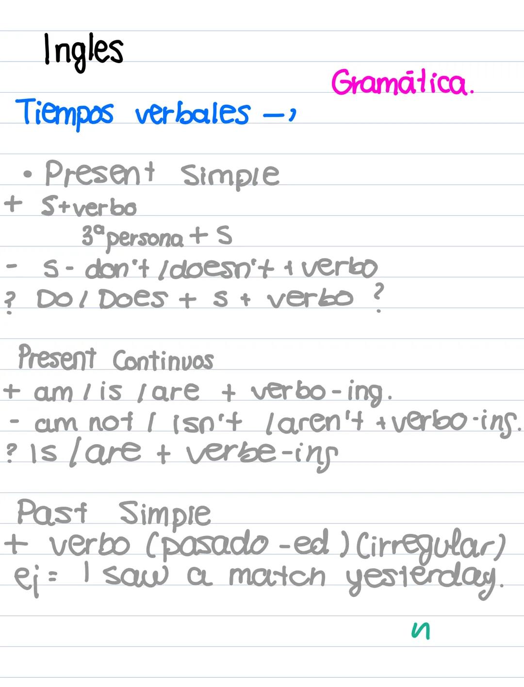 # Ingles
# Tiempos verbales -- Gramática.
- Present Simple
+ S + verbo
3ª persona + S
- S - don´t / doesn´t + verbo
? Do / Does + s + verb