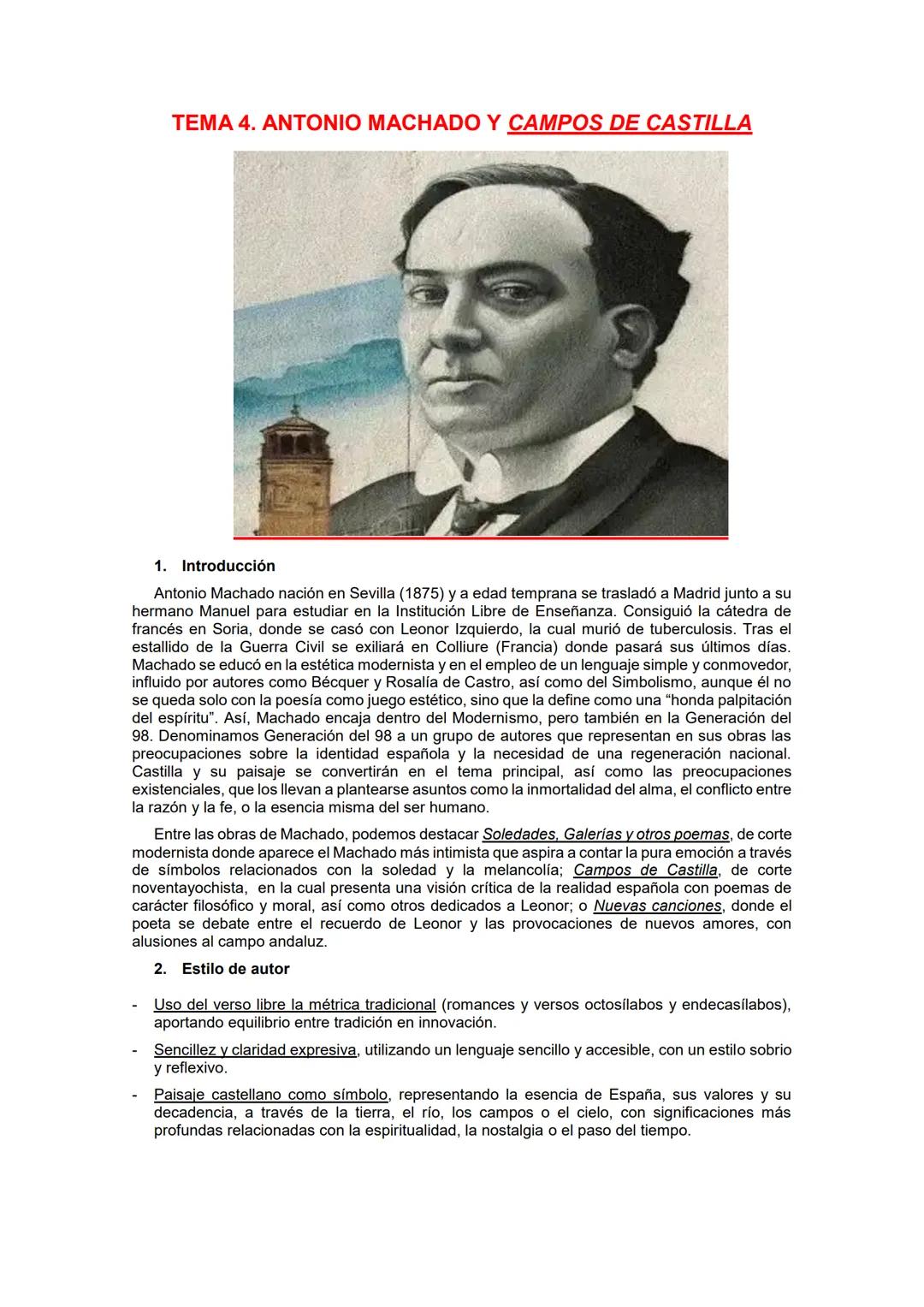 ΤΕΜΑ 4. ANTONIO MACHADO Y CAMPOS DE CASTILLA
1. Introducción
Antonio Machado nación en Sevilla (1875) y a edad temprana se trasladó a Madri