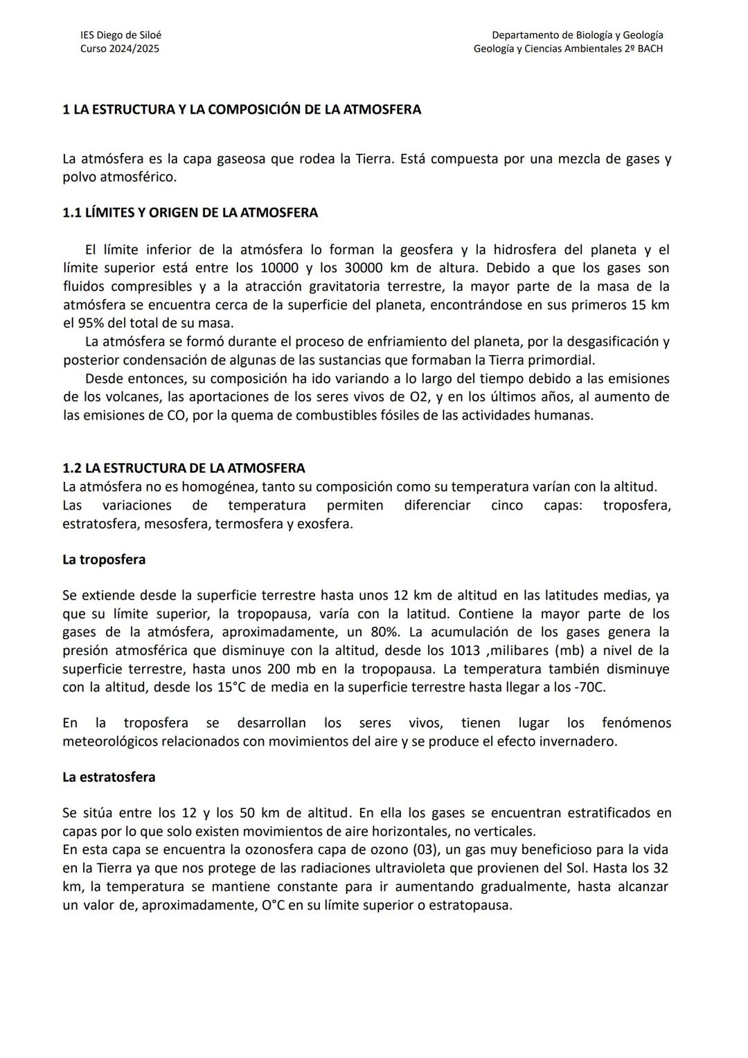 IES Diego de Siloé
Curso 2024/2025
Departamento de Biología y Geología
Geología y Ciencias Ambientales 2º BACH
TEMA 10 LA ATMOSFERA Y LA CON