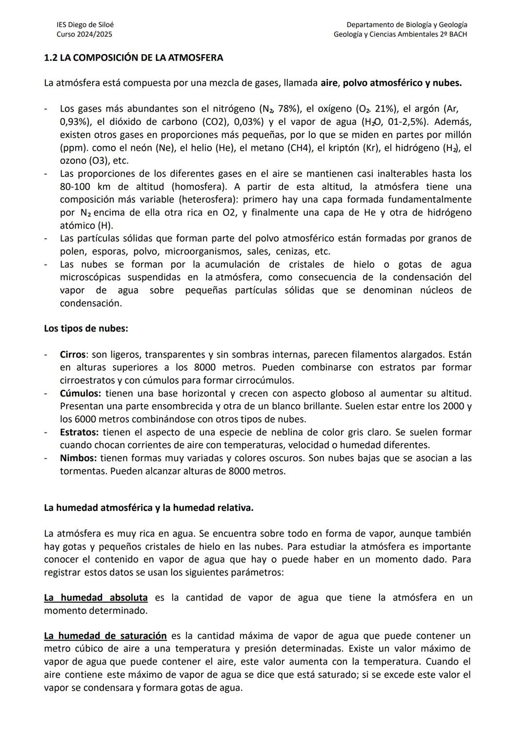 IES Diego de Siloé
Curso 2024/2025
Departamento de Biología y Geología
Geología y Ciencias Ambientales 2º BACH
TEMA 10 LA ATMOSFERA Y LA CON