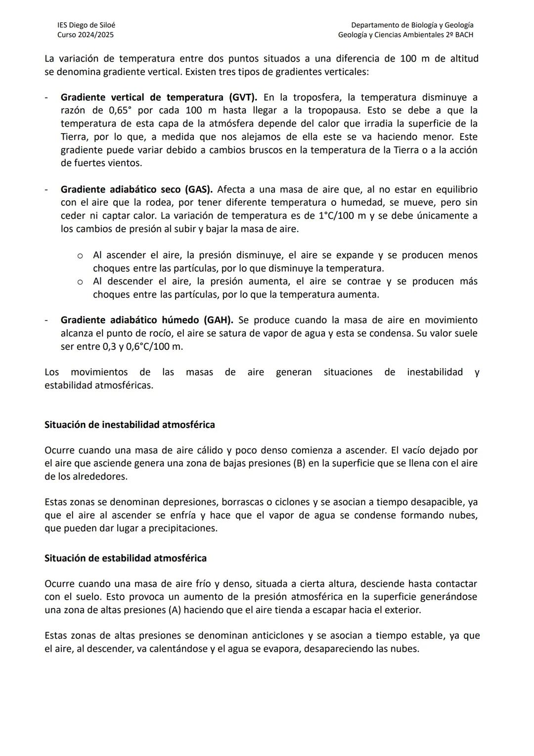 IES Diego de Siloé
Curso 2024/2025
Departamento de Biología y Geología
Geología y Ciencias Ambientales 2º BACH
TEMA 10 LA ATMOSFERA Y LA CON