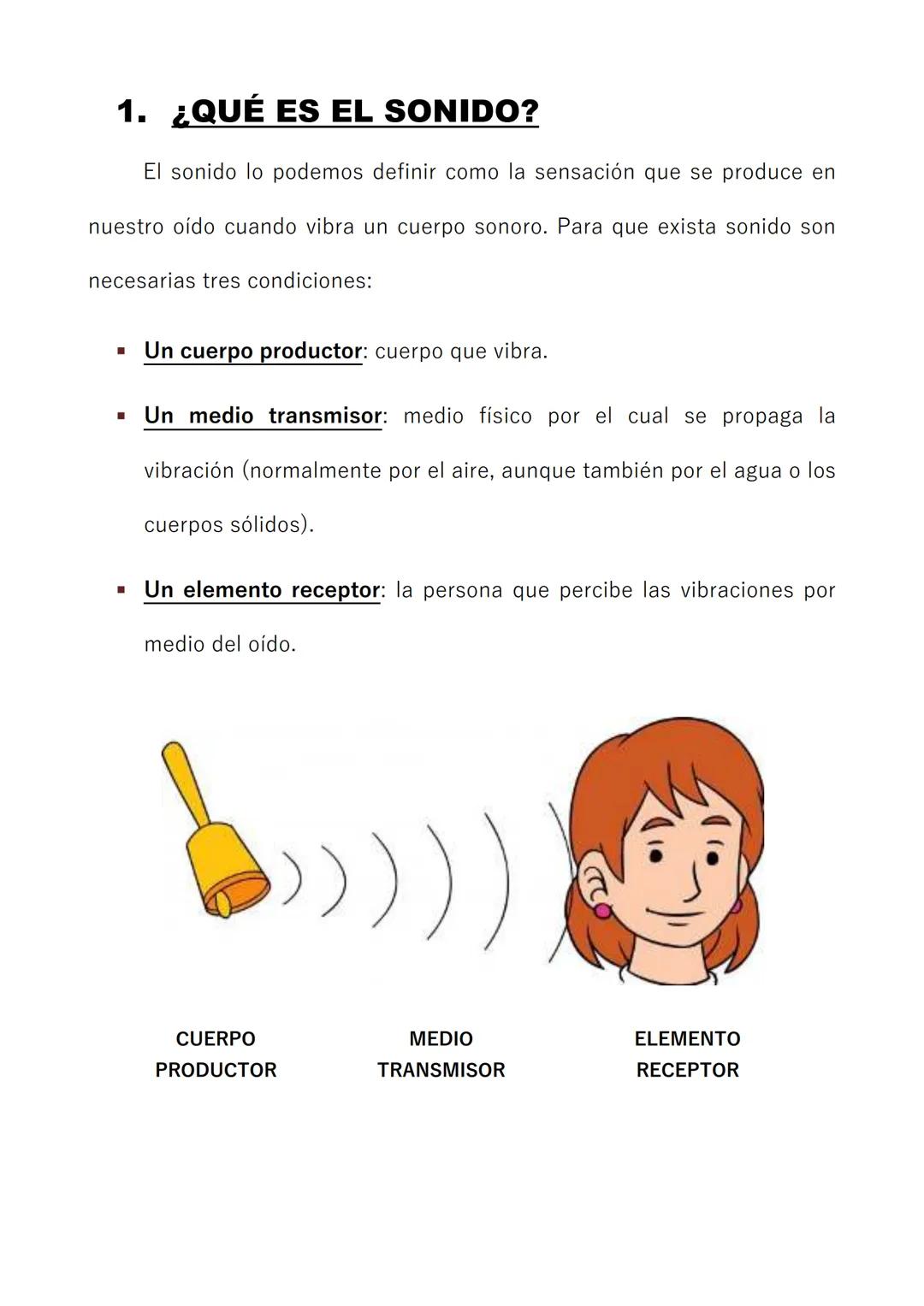 # EL SONIDO 1. ¿QUÉ ES EL SONIDO?
El sonido lo podemos definir como la sensación que se produce en
nuesto oído cuando vibra un cuerpo sonor