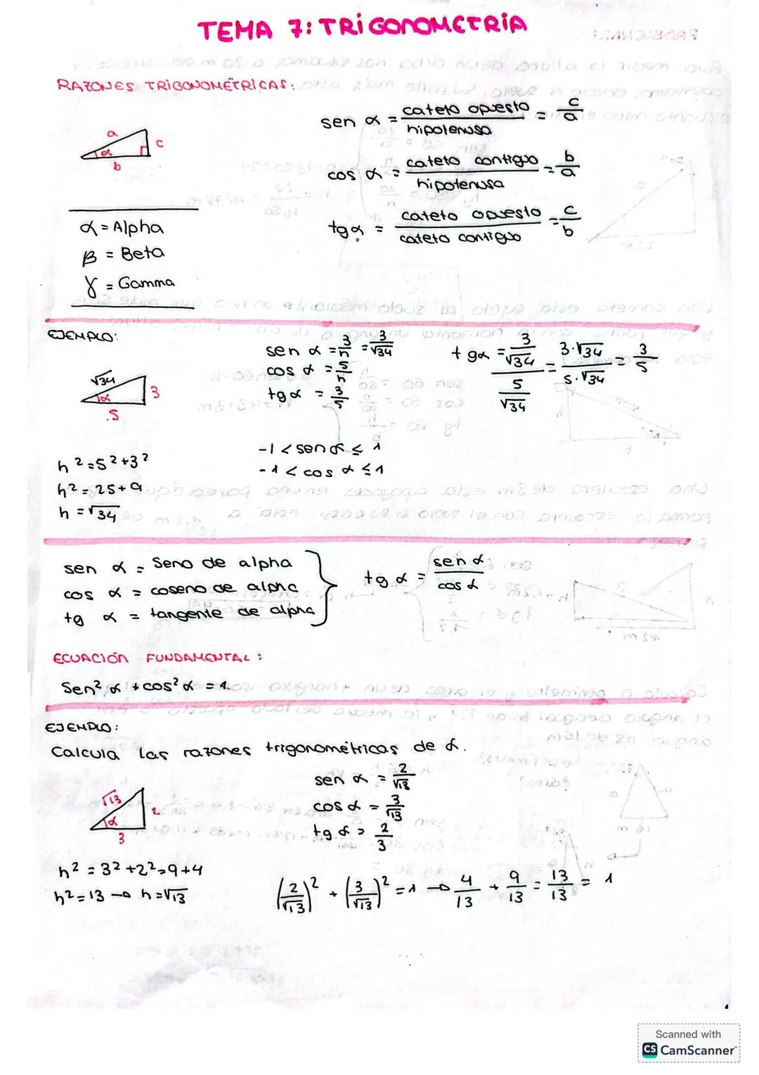 TEMA 7: TRIGONOMETRIA
RAZONES TRIGONOMETRICAS:
sen α = cateto opuesto
hipotenusa
cos α = cateto contiguo
hipotenusa
tg α = cateto opuesto
ca