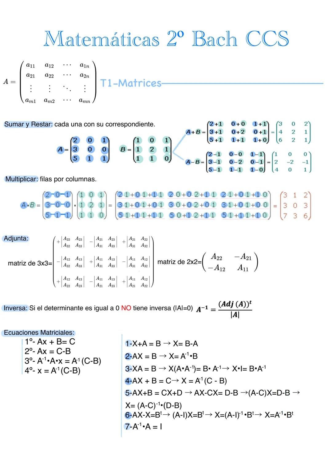 Matemáticas 2º Bach CCS
$A = \begin{pmatrix} a_{11} & a_{12} & \dots & a_{1n} \\ a_{21} & a_{22} & \dots & a_{2n} \\ \vdots & \vdots & \ddot