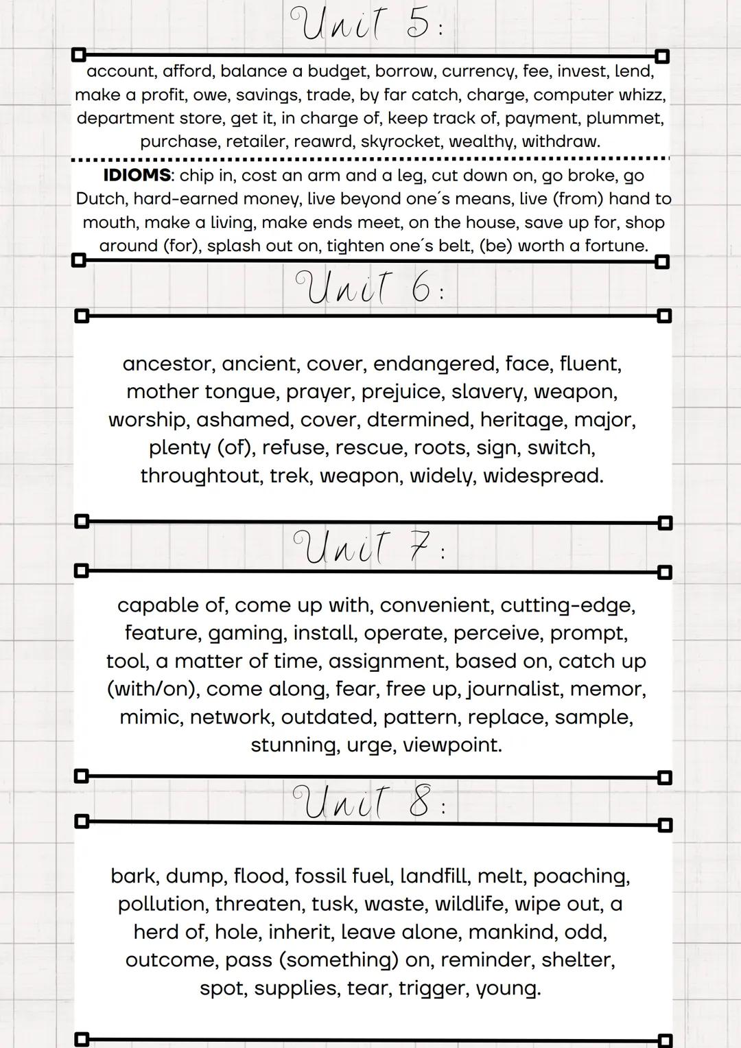 U
N
T
5
VOCABULARY 1°BACH
Phrasal Verbs
GET
AWAY: irse
AHEAD: triunfar
ACROSS: transmitir
BY: salir adelante
ALONG: llevarse bien
BACK: volv