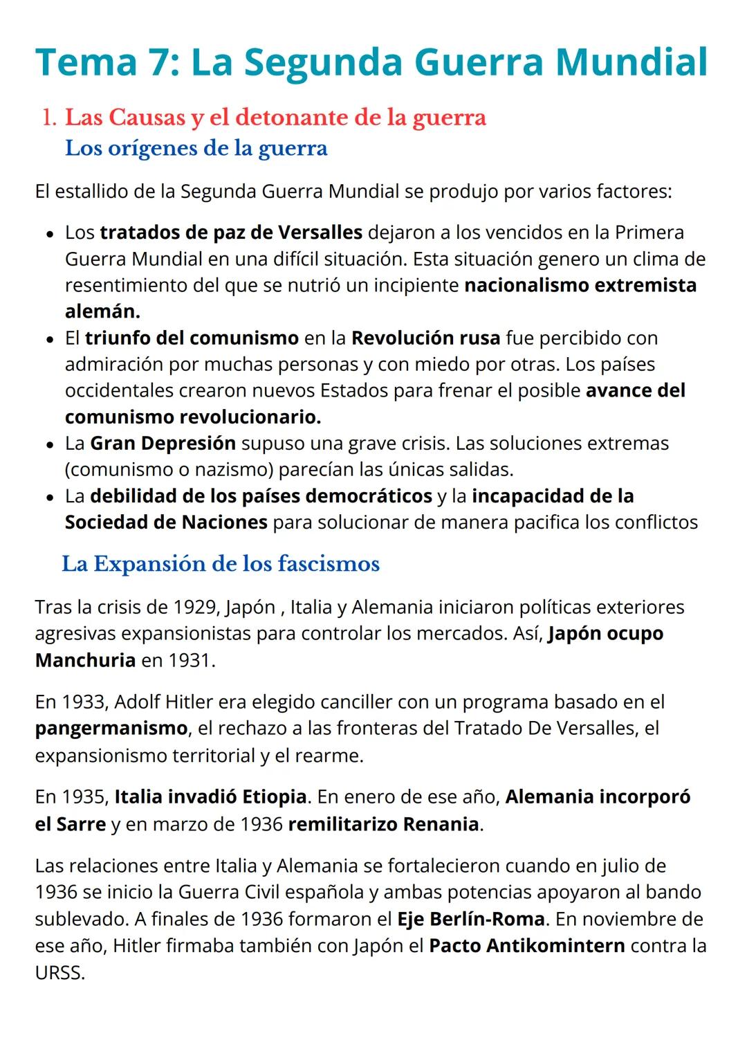 Tema 7: La Segunda Guerra Mundial
1. Las Causas y el detonante de la guerra
Los orígenes de la guerra
El estallido de la Segunda Guerra Mund