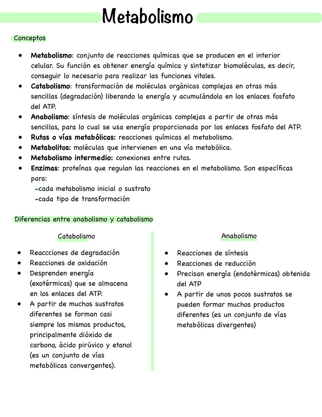 # Metabolismo
**Conceptos**
* **Metabolismo:** conjunto de reacciones químicas que se producen en el interior celular. Su función es obten