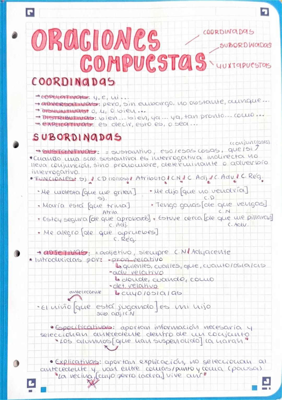 • ORACIONES
COMPUCSTAs
COORDINADAS
COPULATIVas: y, e, ui
COORDINADas
SUBORD WADas
yuxtapuestas
→ADVERSATIVAs: pero, sin embargo, no obstante