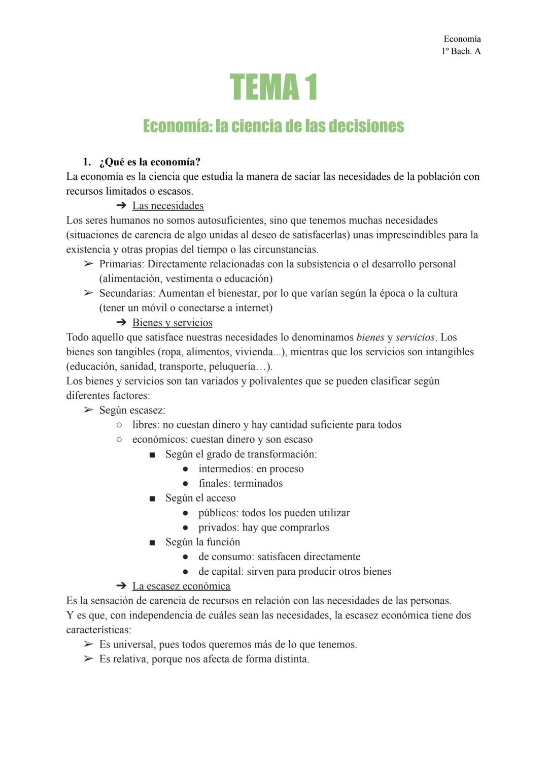 --- OCR Start ---
Economía
1º Bach. A
TEMA 1
Economía: la ciencia de las decisiones
1. ¿Qué es la economía?
La economía es la ciencia que es