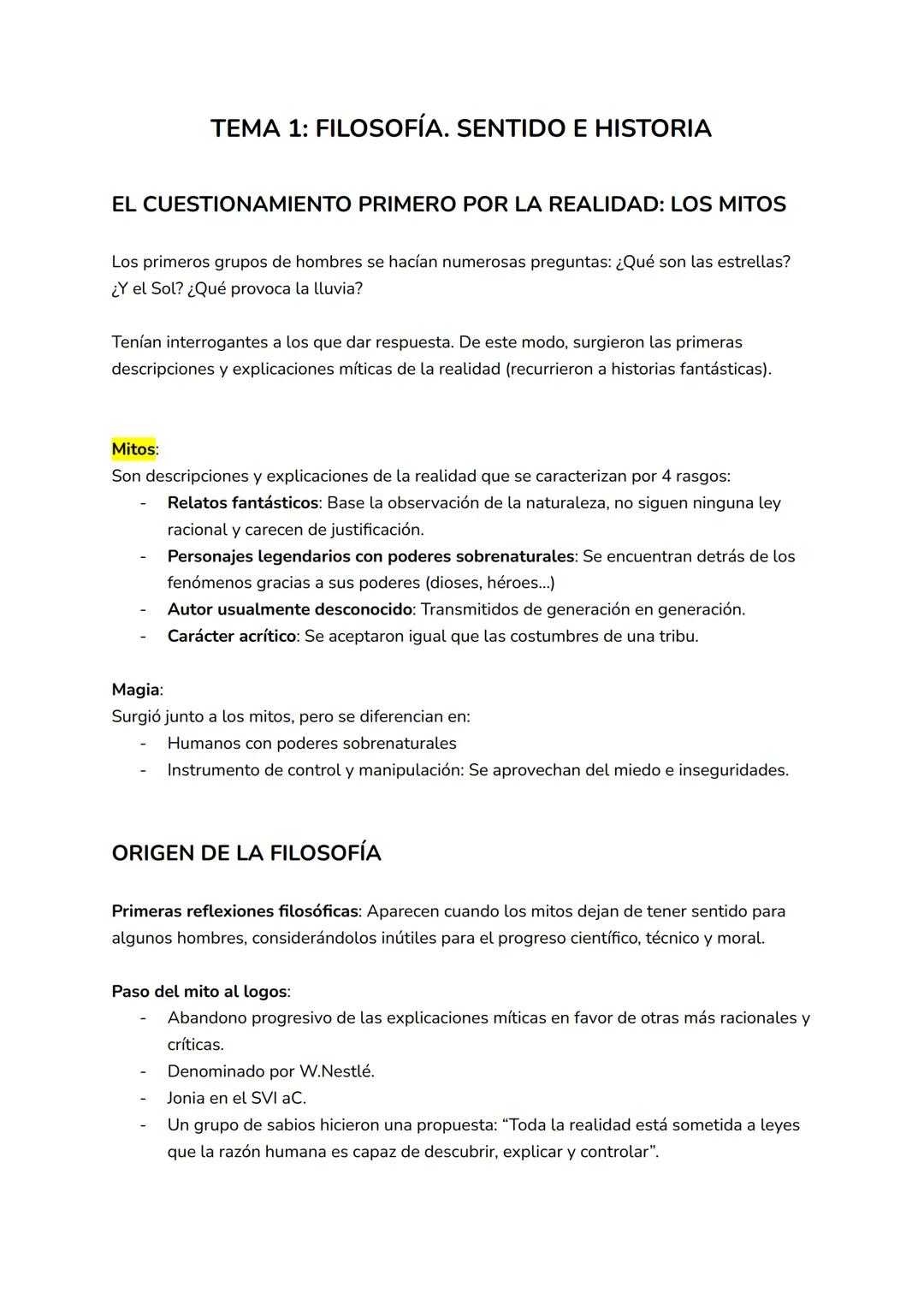 TEMA 1: FILOSOFÍA. SENTIDO E HISTORIA
EL CUESTIONAMIENTO PRIMERO POR LA REALIDAD: LOS MITOS
Los primeros grupos de hombres se hacían numeros
