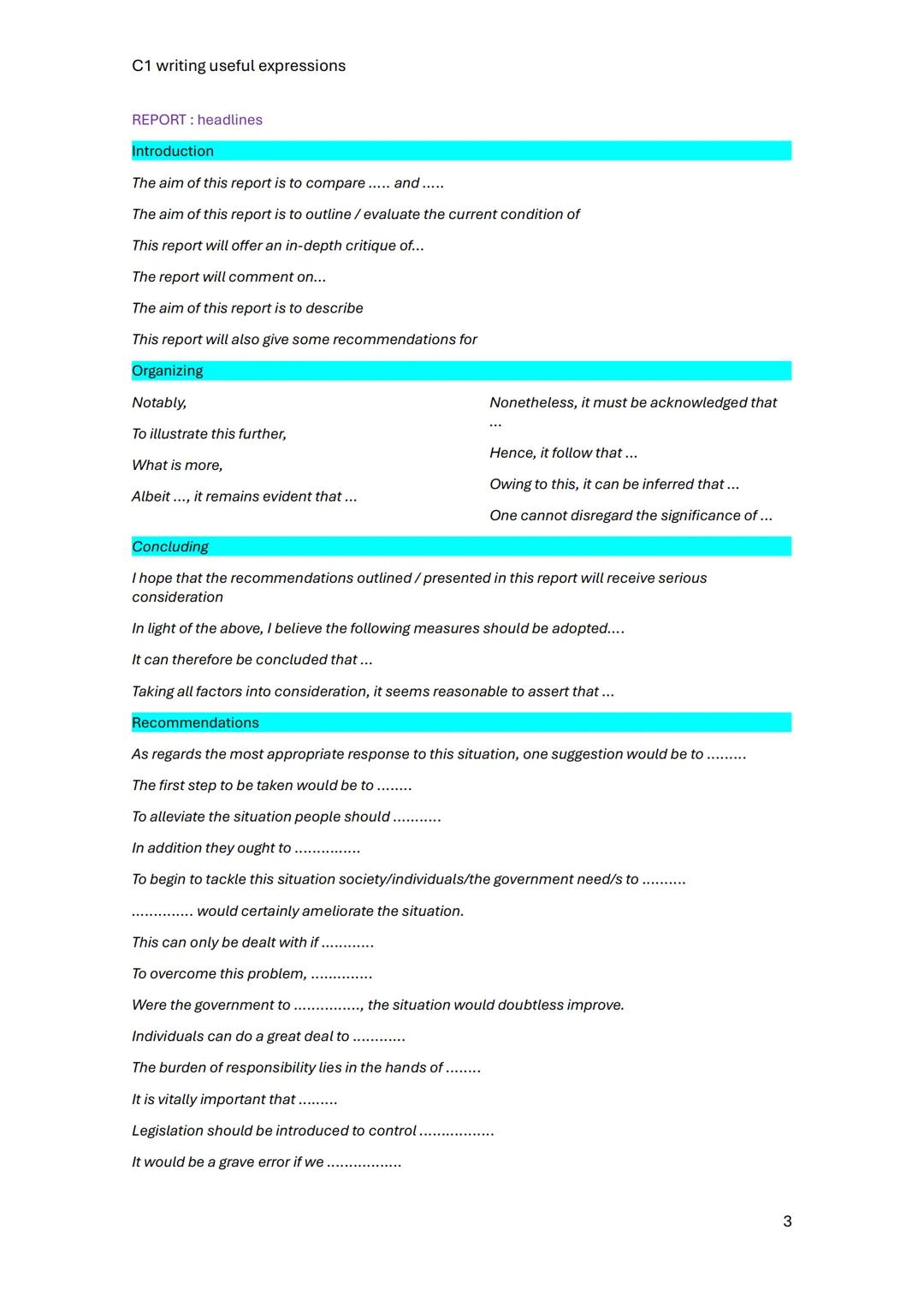 C1 writing useful expressions
ESSAYS
Introduction
Hardly a week goes by without another report of... appearing in the media.
Although most p