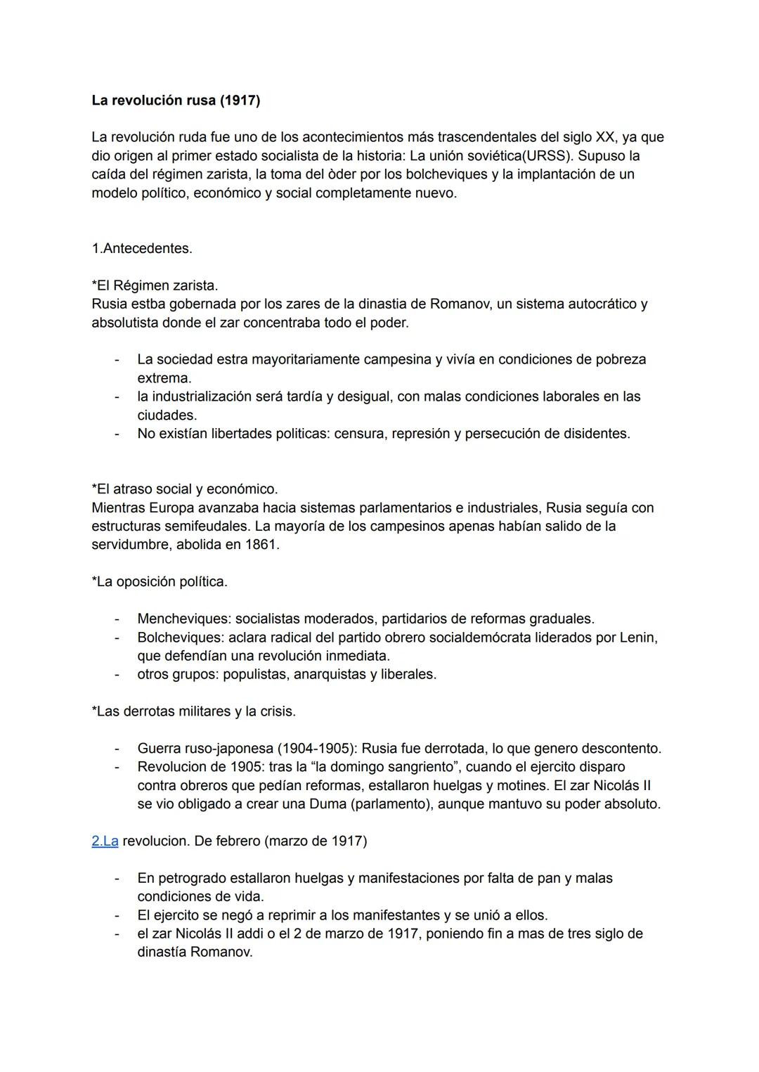 La revolución rusa (1917)
La revolución ruda fue uno de los acontecimientos más trascendentales del siglo XX, ya que
dio origen al primer es