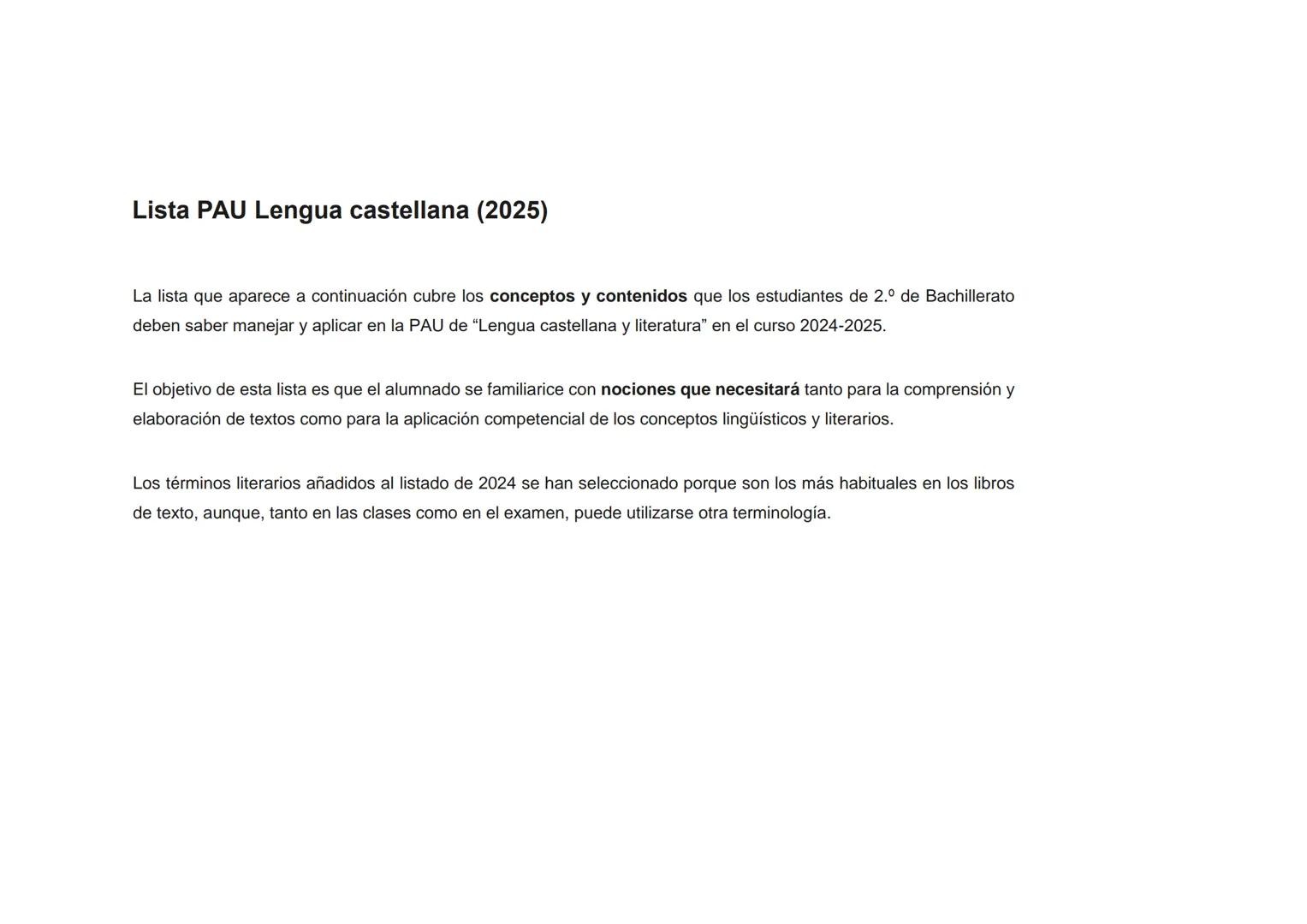 Lista PAU Lengua castellana (2025)
La lista que aparece a continuación cubre los conceptos y contenidos que los estudiantes de 2.º de Bachil