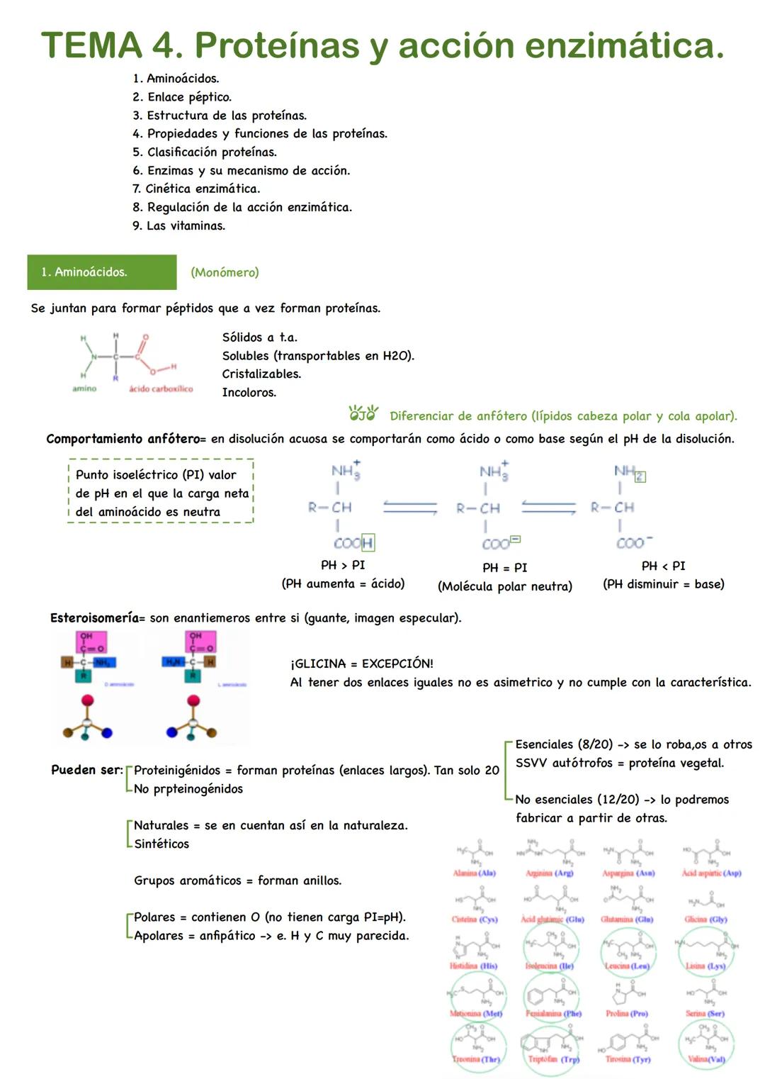 TEMA 4. Proteínas y acción enzimática.
1. Aminoácidos.
2. Enlace péptico.
3. Estructura de las proteínas.
4. Propiedades y funciones de las