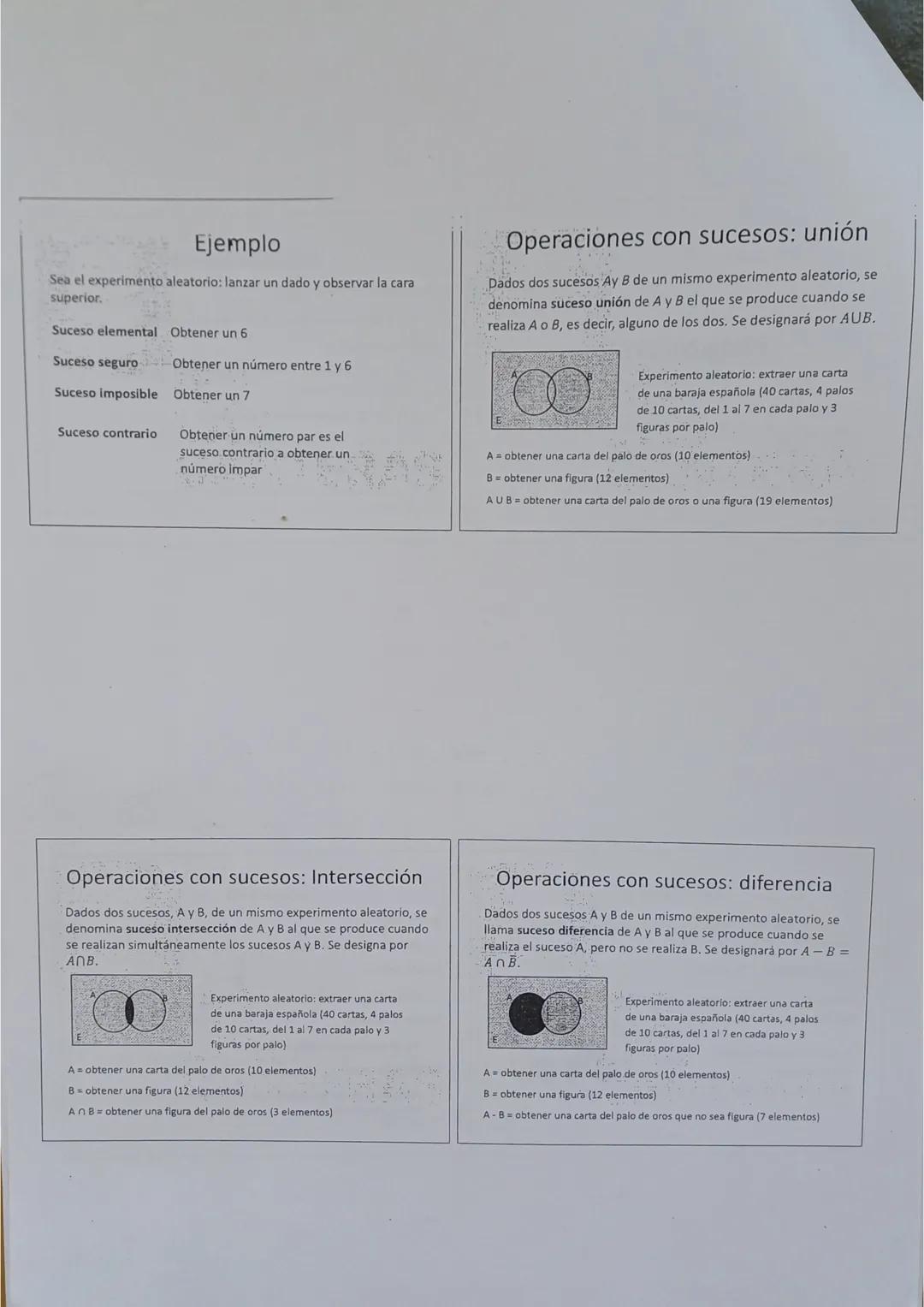 Probabilidad
Definiciones
Experimento aleatorio
Experimento cuyo resultado no se puede predecir
Espacio muestral
Conjunto formado por todo