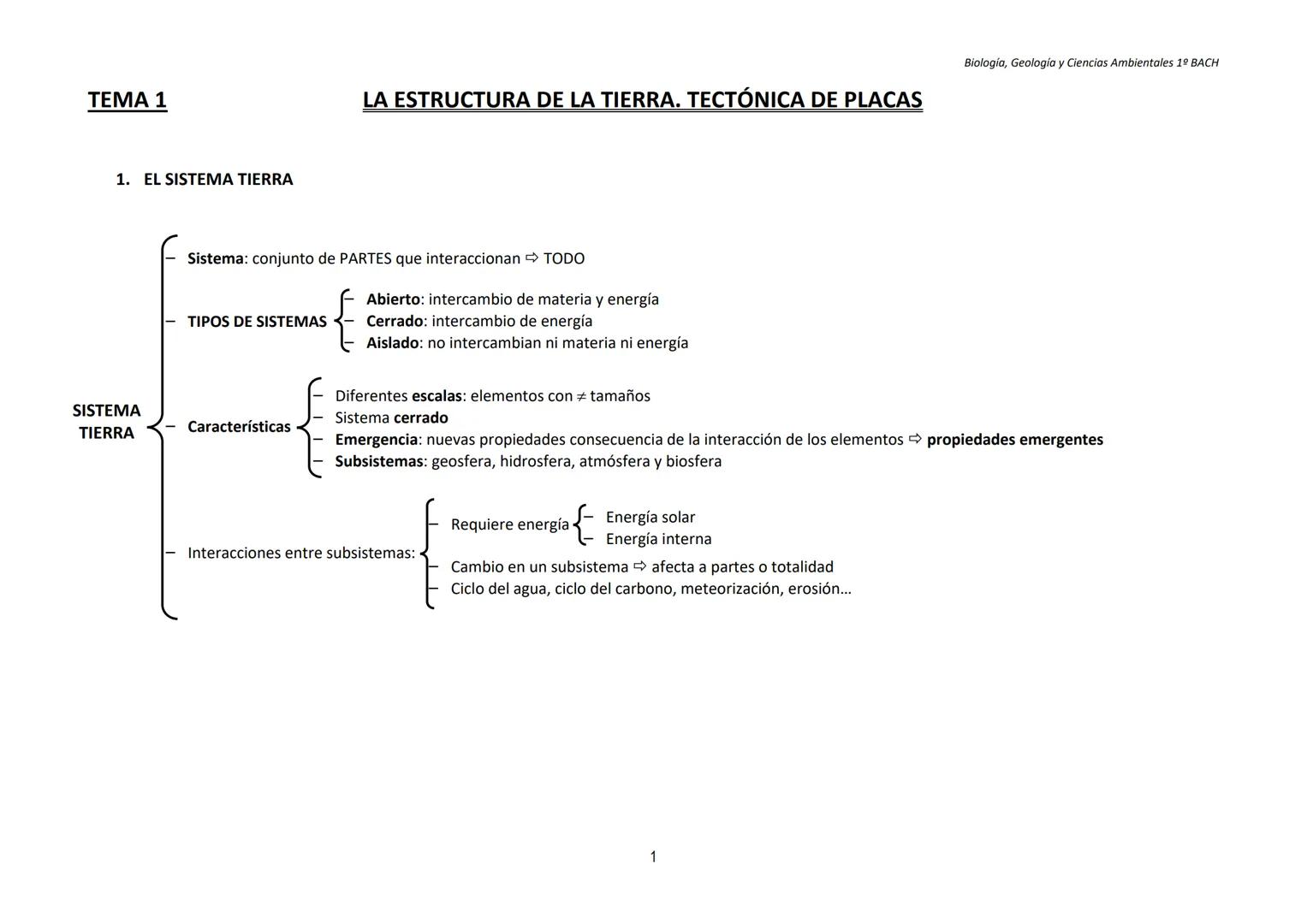 TEMA 1
LA ESTRUCTURA DE LA TIERRA. TECTÓNICA DE PLACAS
Biología, Geología y Ciencias Ambientales 1º BACH
1. EL SISTEMA TIERRA
Sistema: c