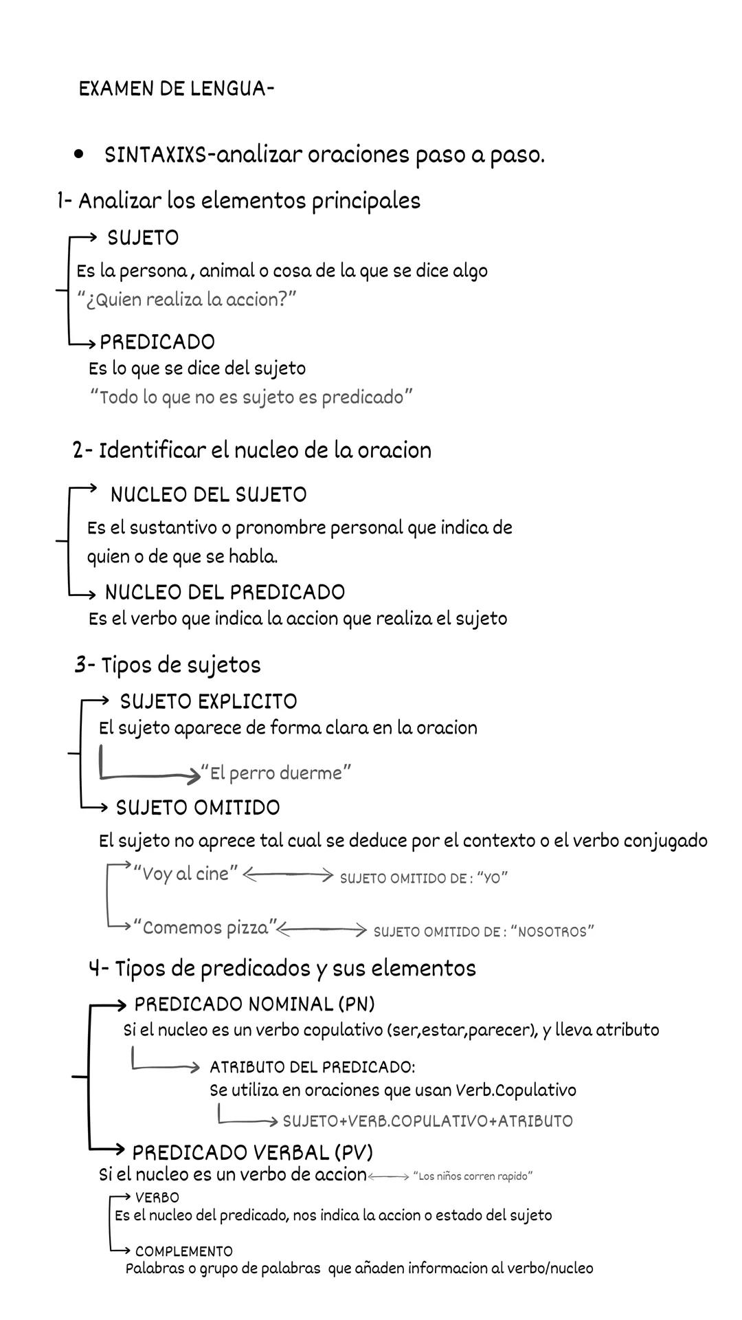 EXAMEN DE LENGUA-
• SINTAXIXS-analizar oraciones paso a paso.
1- Analizar los elementos principales
SUJETO
Es la persona, animal o cosa d