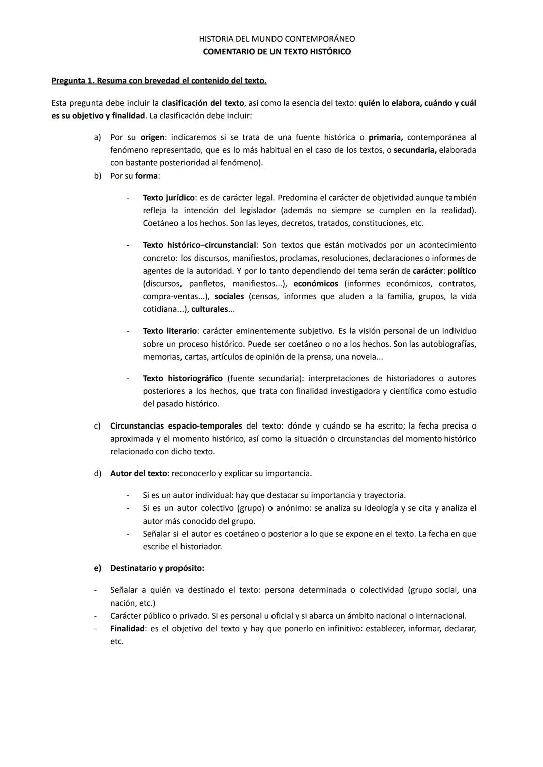 # HISTORIA DEL MUNDO CONTEMPORÁNEO
COMENTARIO DE UN TEXTO HISTÓRICO
Pregunta 1. Resuma con brevedad el contenido del texto.
Esta pregunta