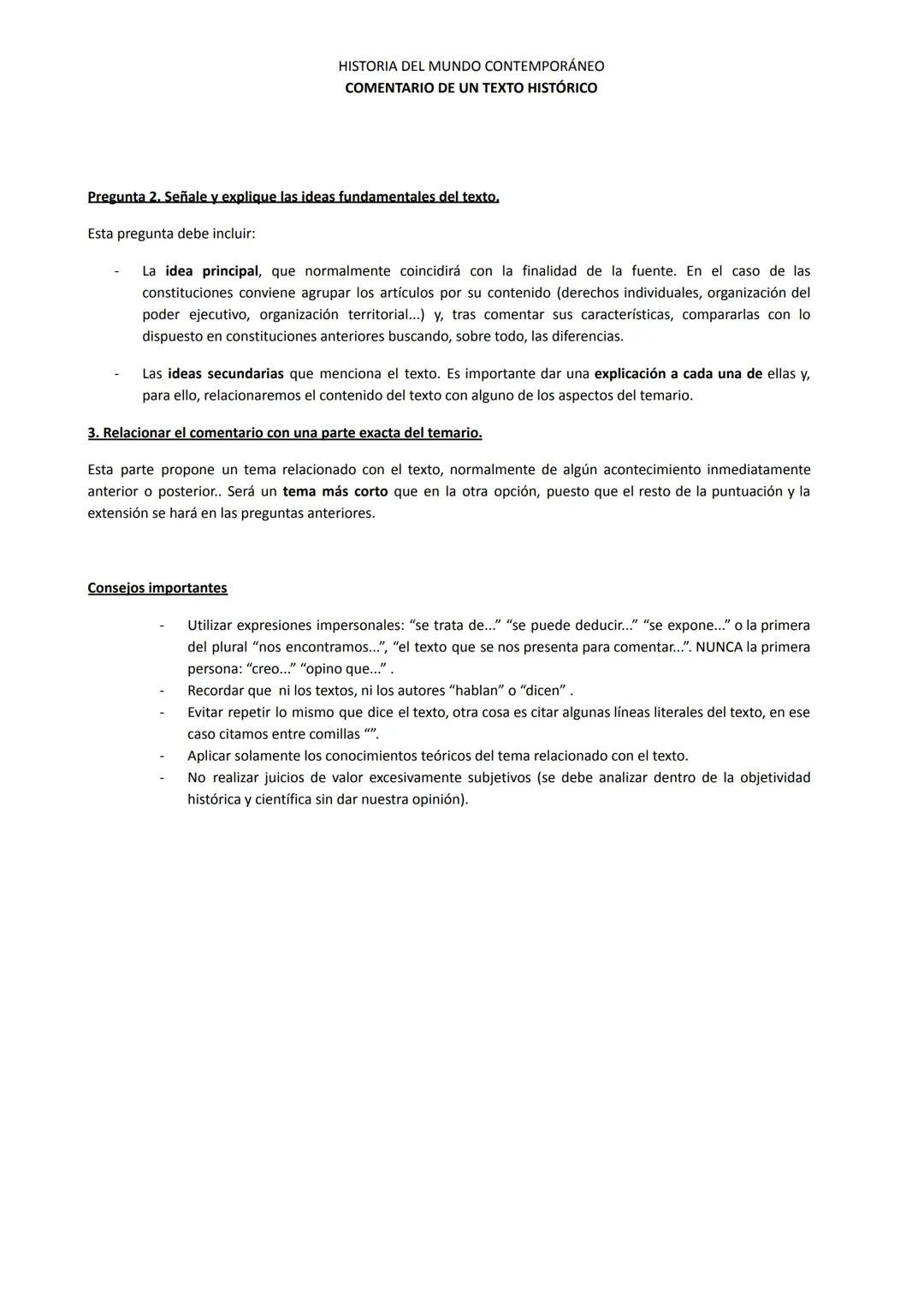 # HISTORIA DEL MUNDO CONTEMPORÁNEO
COMENTARIO DE UN TEXTO HISTÓRICO
Pregunta 1. Resuma con brevedad el contenido del texto.
Esta pregunta