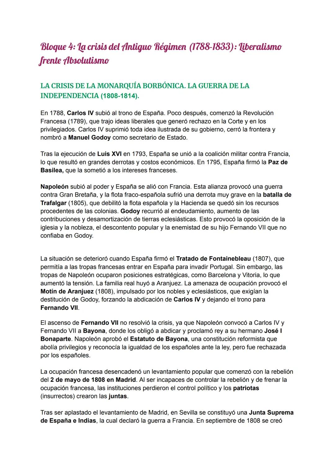 Bloque 4: La crisis del Antiguo Régimen (1788-1833): Liberalismo
frente Absolutismo
LA CRISIS DE LA MONARQUÍA BORBÓNICA. LA GUERRA DE LA
IN