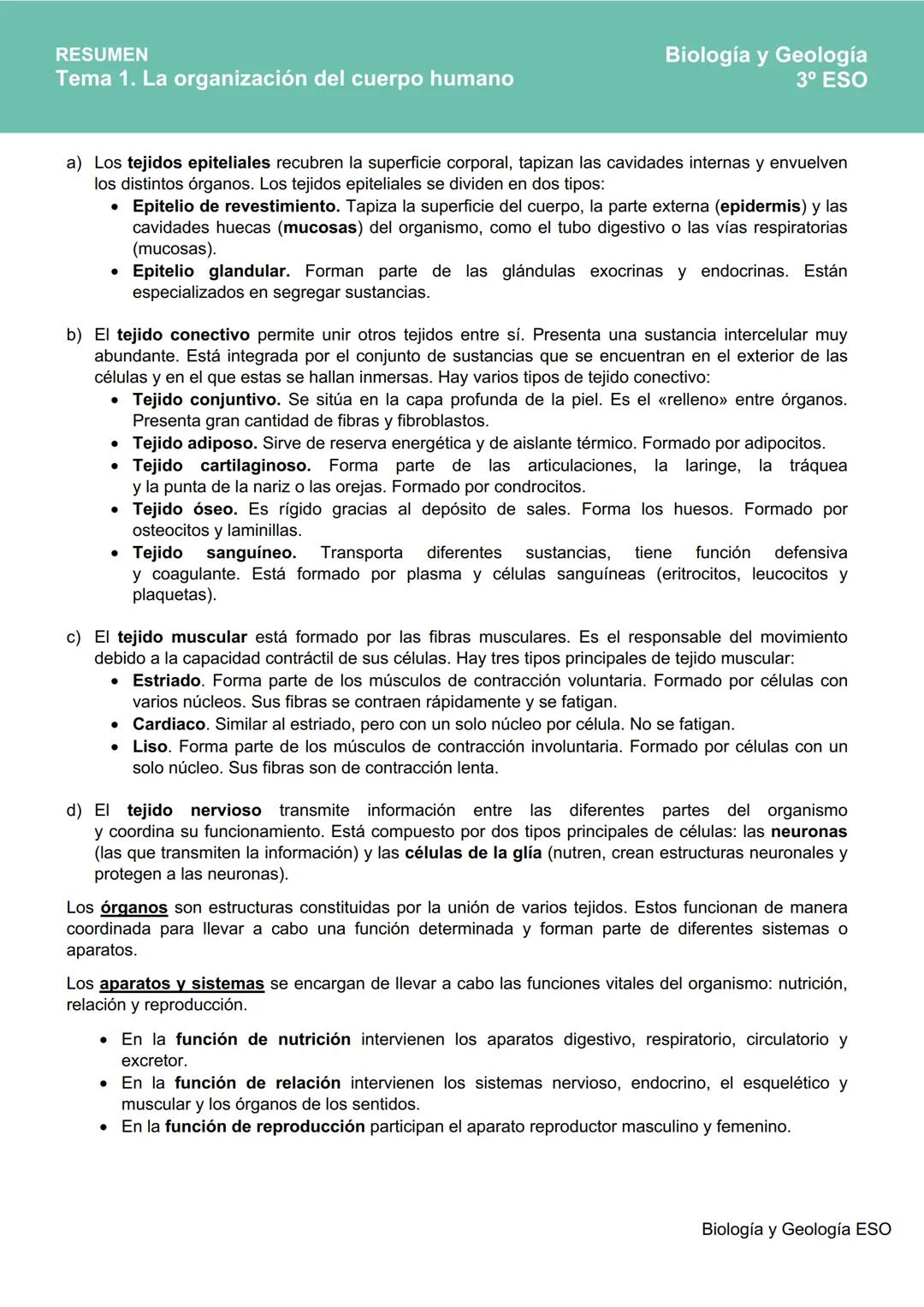 # RESUMEN
Tema 1. La organización del cuerpo humano
Biología y Geología
3º ESO
La organización del cuerpo humano
El ser humano es un anim