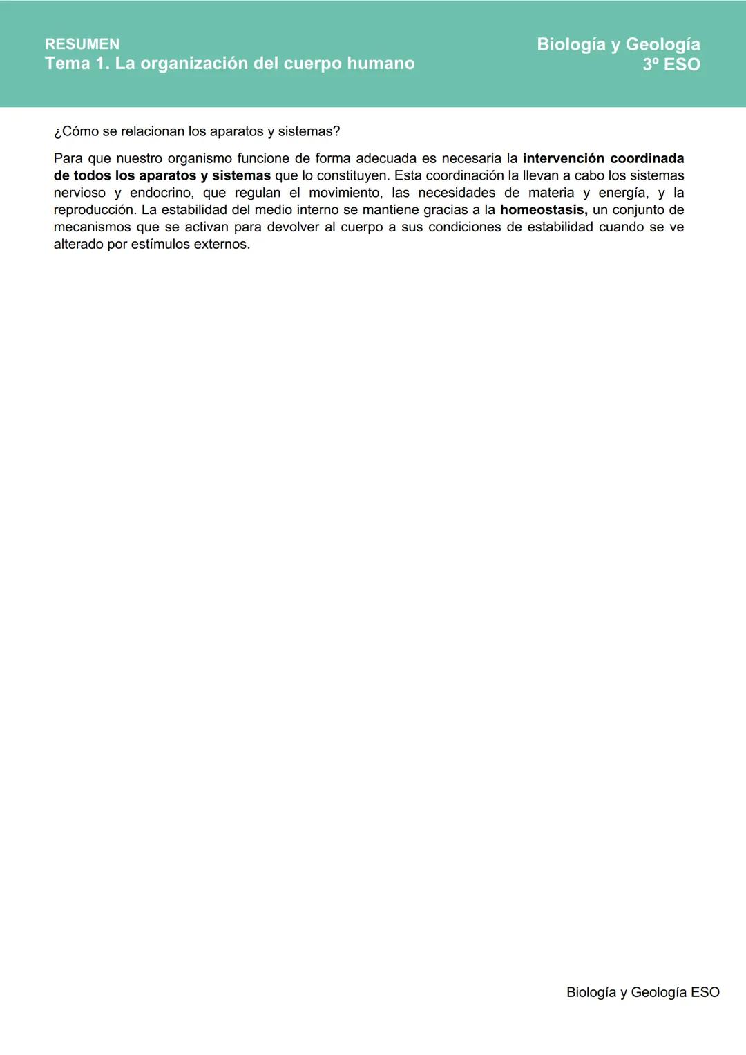 # RESUMEN
Tema 1. La organización del cuerpo humano
Biología y Geología
3º ESO
La organización del cuerpo humano
El ser humano es un anim