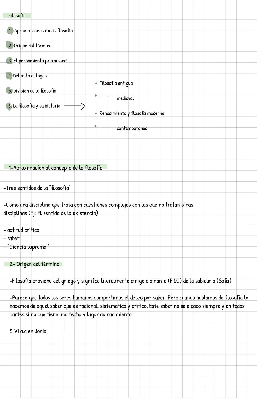 Filosofía
1. Aprox al concepto de filosofía
2. Origen del término
3. El pensamiento preracional
4. Del mito al logos
5. División de la