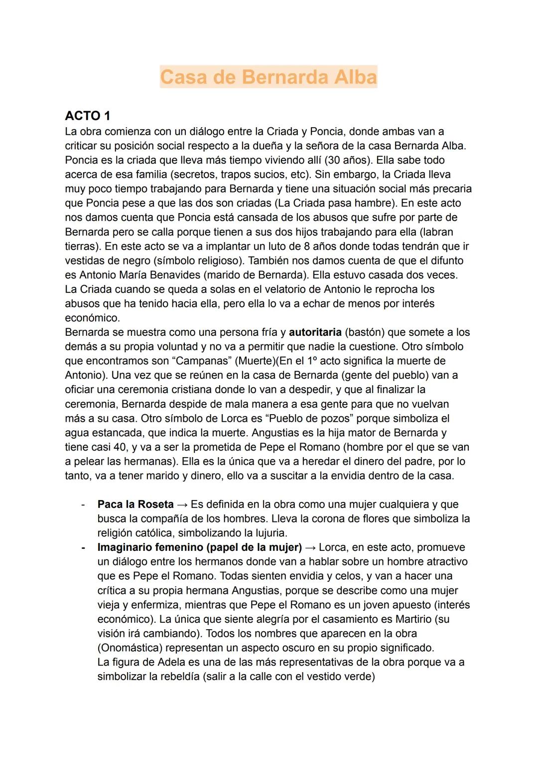 # Casa de Bernarda Alba
ACTO 1
La obra comienza con un diálogo entre la Criada y Poncia, donde ambas van a
criticar su posición social res