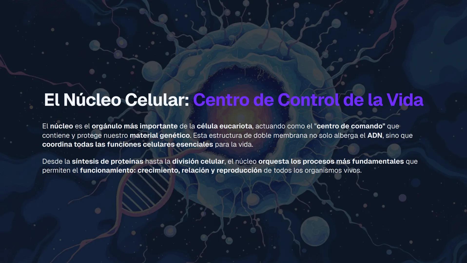 # El Núcleo Celular: Centro de Control de la Vida
El núcleo es el orgánulo más importante de la célula eucariota, actuando como el "centro