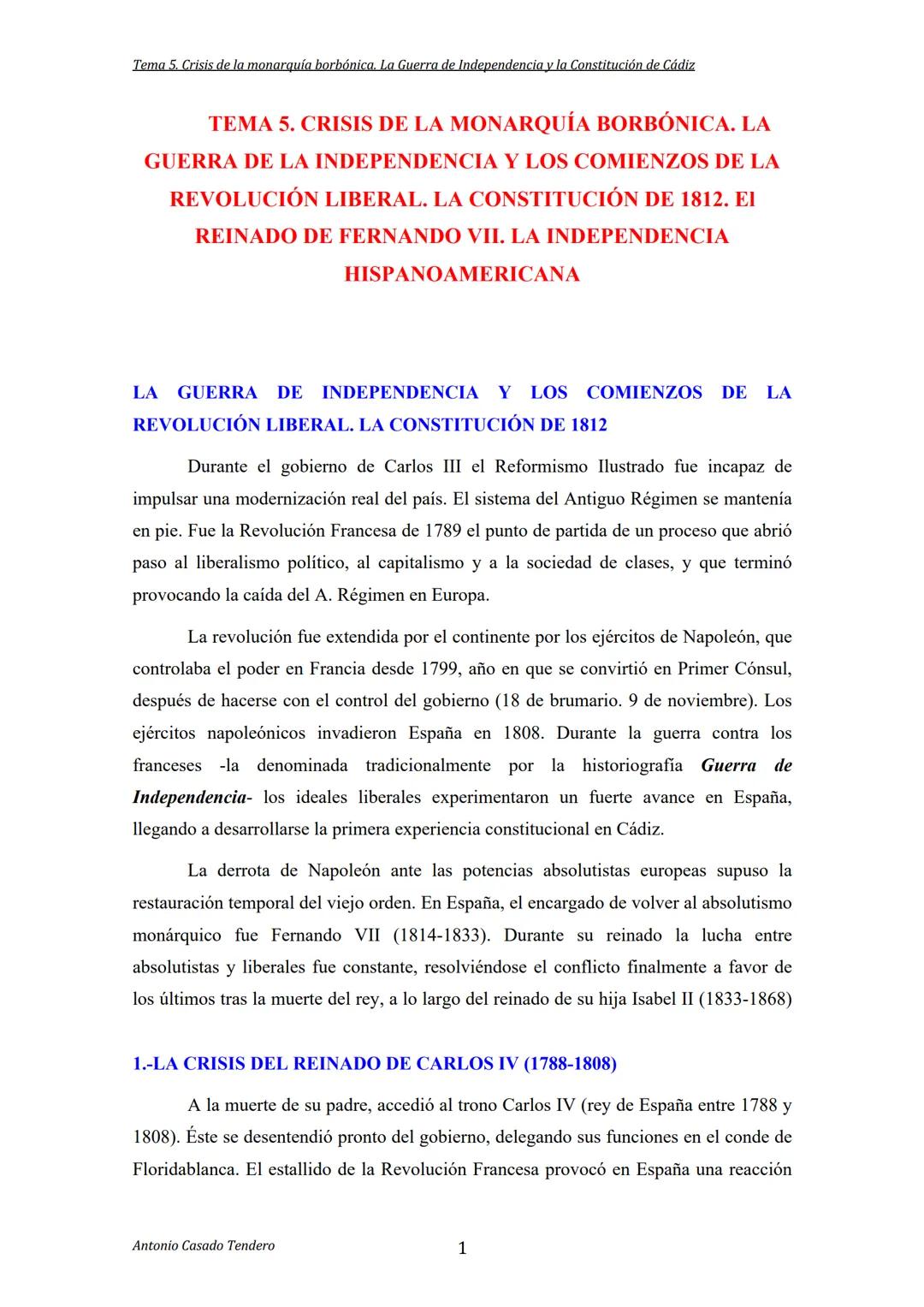 # TEMA 5. CRISIS DE LA MONARQUÍA BORBÓNICA. LA
GUERRA DE LA INDEPENDENCIA Y LOS COMIENZOS DE LA
REVOLUCIÓN LIBERAL. LA CONSTITUCIÓN DE 1812.