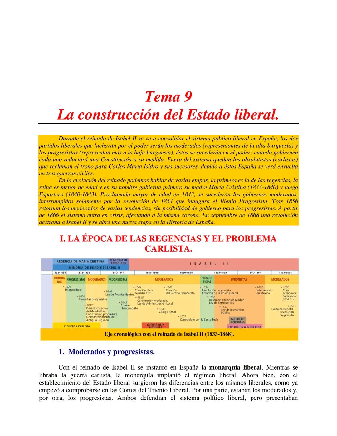 # Tema 9
La construcción del Estado liberal.
Durante el reinado de Isabel II se va a consolidar el sistema político liberal en España, los