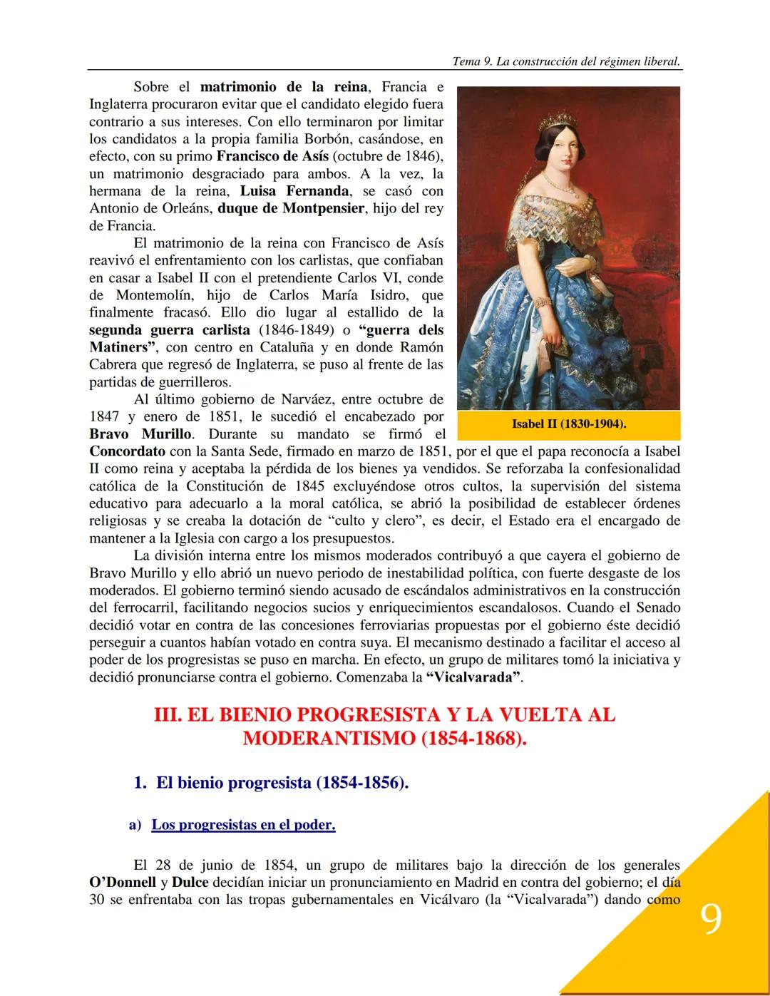 # Tema 9
La construcción del Estado liberal.
Durante el reinado de Isabel II se va a consolidar el sistema político liberal en España, los