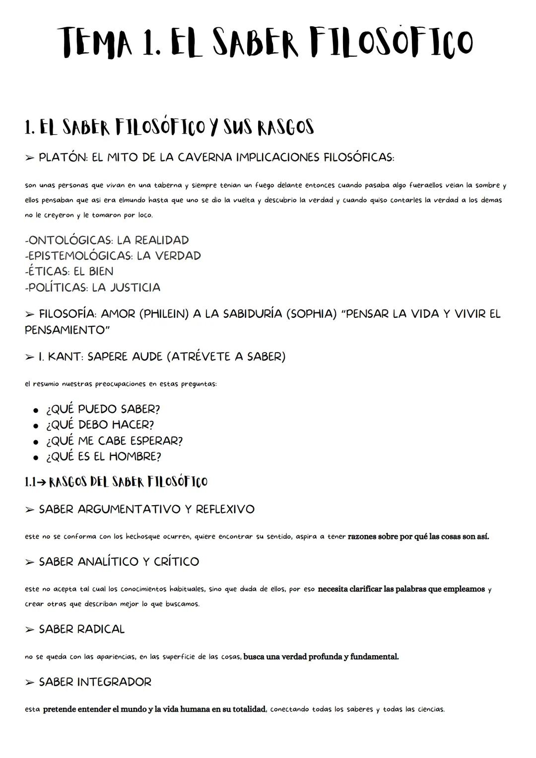 # TEMA 1. EL SABER FILOSOFICO
1. EL SABER FILOSÓFICO Y SUS RASGOS
➤ PLATÓN: EL MITO DE LA CAVERNA IMPLICACIONES FILOSÓFICAS:
son unas per