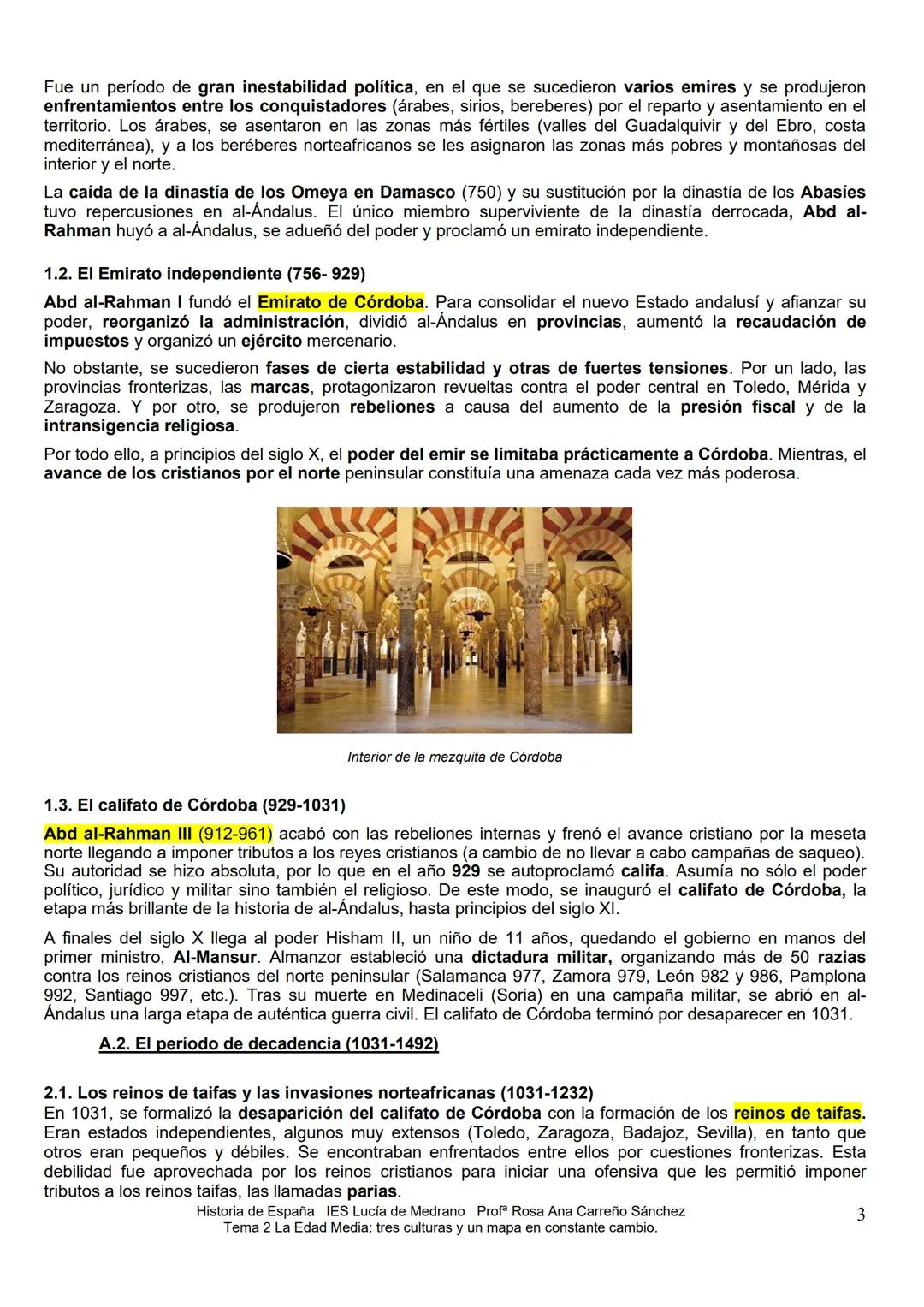 # TEMA 2: LA EDAD MEDIA TRES CULTURAS Y UN MAPA POLITICO EN CONSTANTE CAMBIO 711-1474
1) AL-ANDALUS:
A) EVOLUCION POLITICA:
A.1.Periodo de