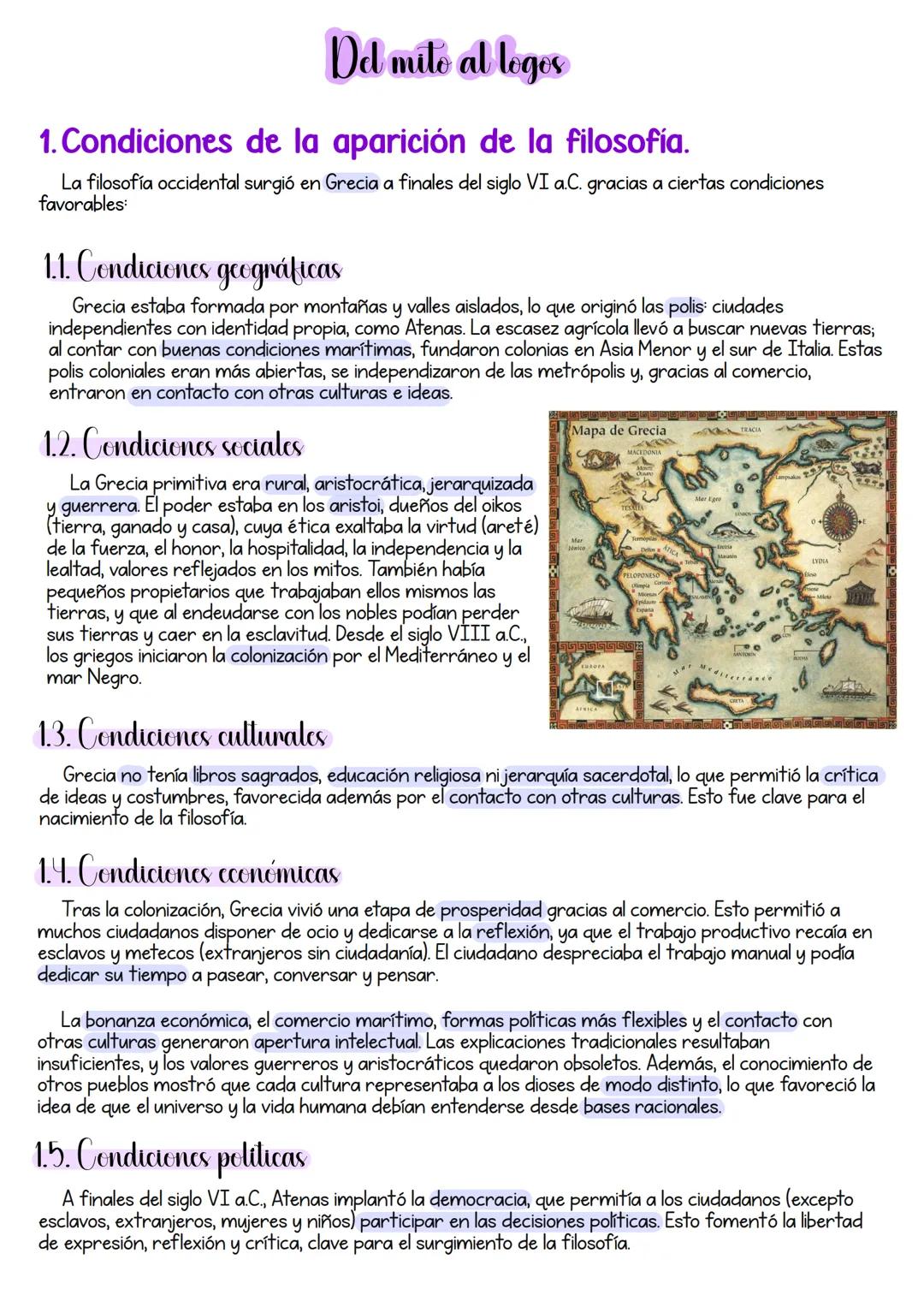 # Del mito al logos
1. Condiciones de la aparición de la filosofía.
La filosofía occidental surgió en Grecia a finales del siglo VI a.C.