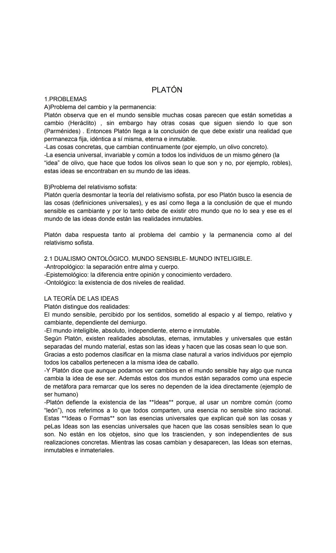 # PLATÓN
1.PROBLEMAS
A)Problema del cambio y la permanencia:
Platón observa que en el mundo sensible muchas cosas parecen que están somet