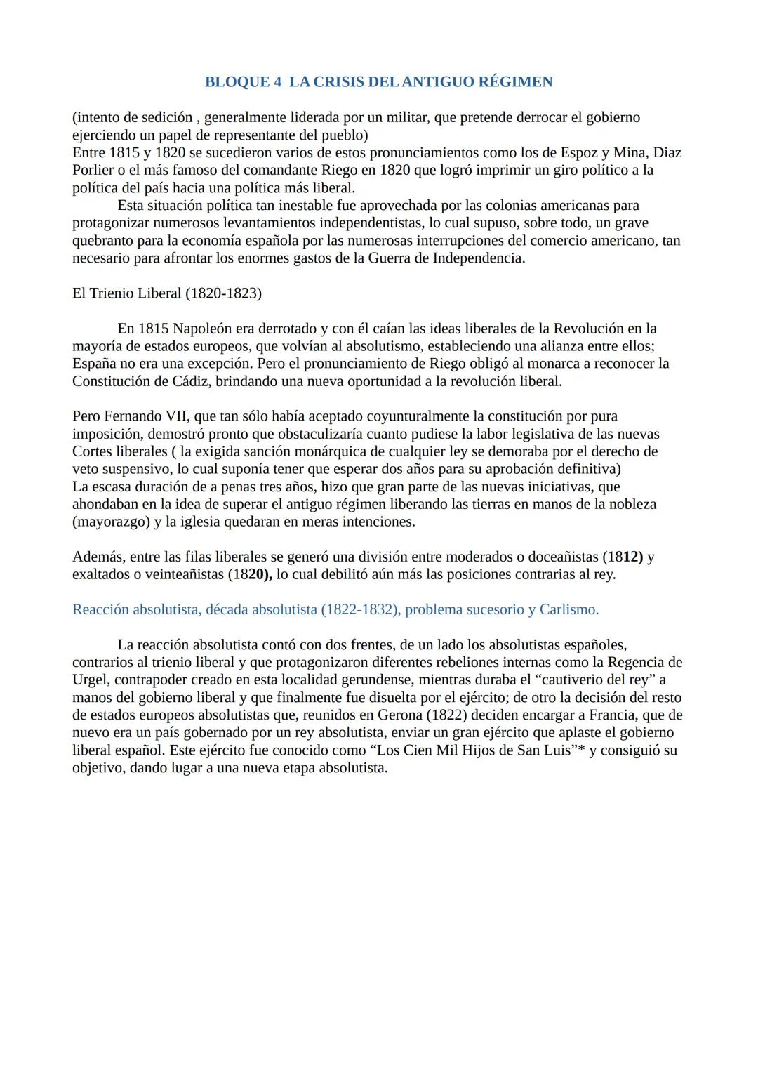 # BLOQUE 4 LA CRISIS DEL ANTIGUO RÉGIMEN
LA CRISIS DEL ANTIGUO RÉGIMEN (1788-1833): LIBERALISMO FRENTE A
ABSOLUTISMO.
TEMARIO QUE INCLUYE
