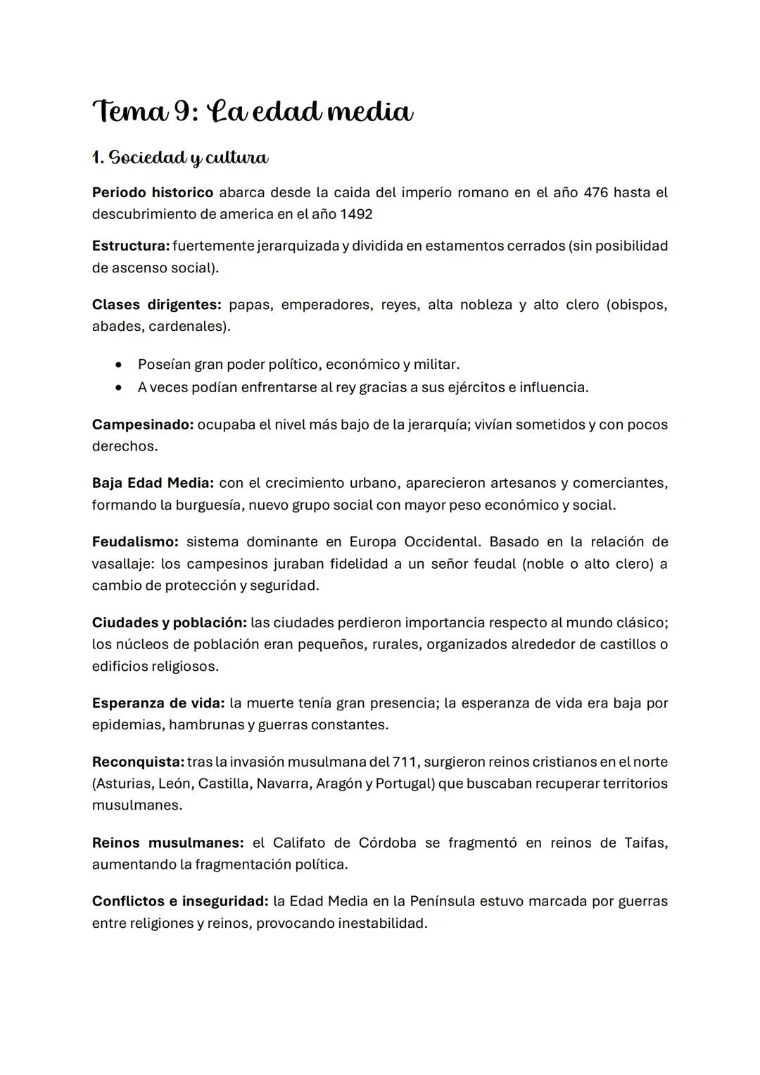 # Tema 9: La edad media
1. Sociedad y cultura
Periodo historico abarca desde la caida del imperio romano en el año 476 hasta el
descubrimi