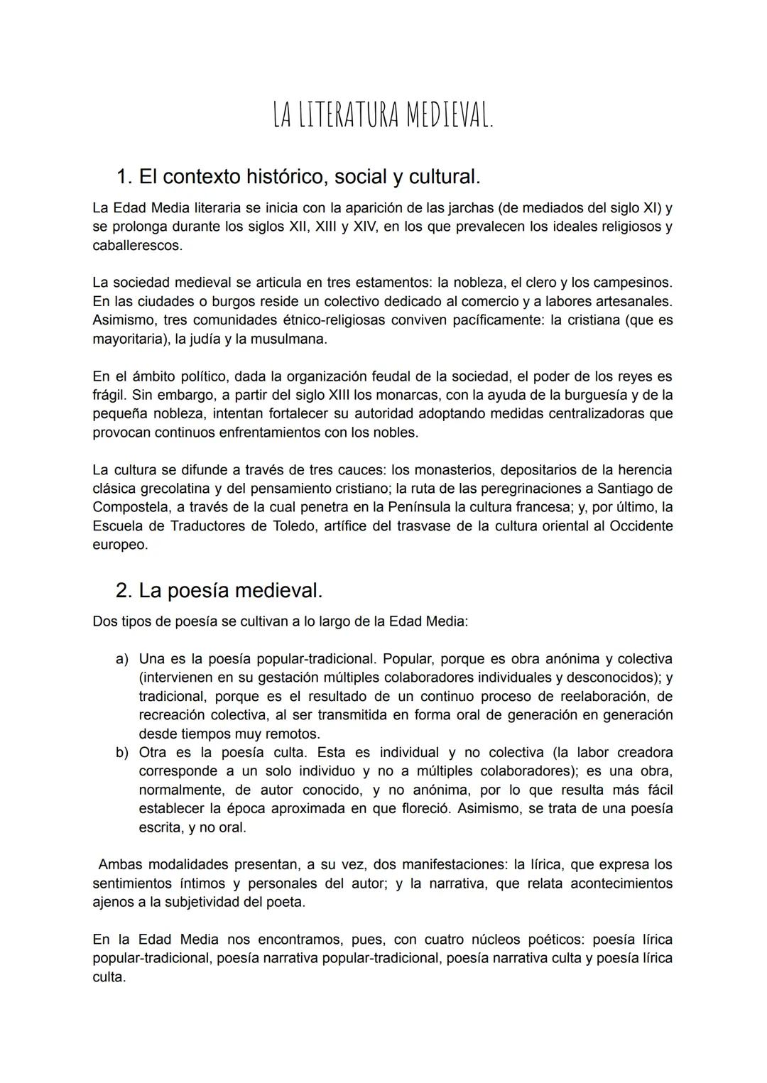 # LA LITERATURA MEDIEVAL.
1. El contexto histórico, social y cultural.
La Edad Media literaria se inicia con la aparición de las jarchas (