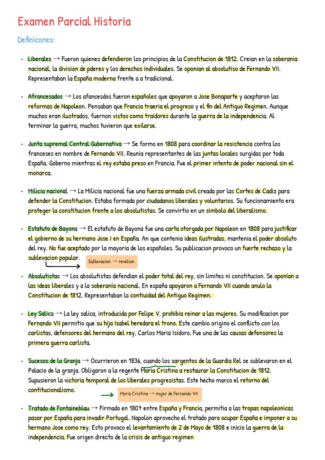 # Examen Parcial Historia
Definicones:
* Liberales → Fueron quienes defendieron los principios de la Constitucion de 1812. Creian en la