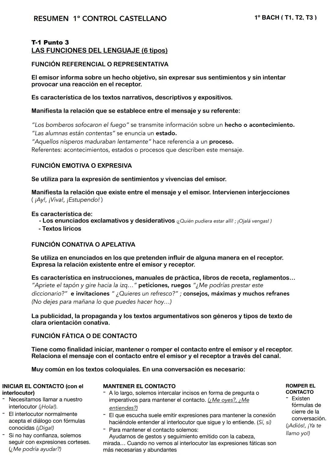 # RESUMEN 1° CONTROL CASTELLANO
1º BACH (T1, T2, T3)
T-1 Punto 3
# LAS FUNCIONES DEL LENGUAJE (6 tipos)
# FUNCIÓN REFERENCIAL O REPRESENTA