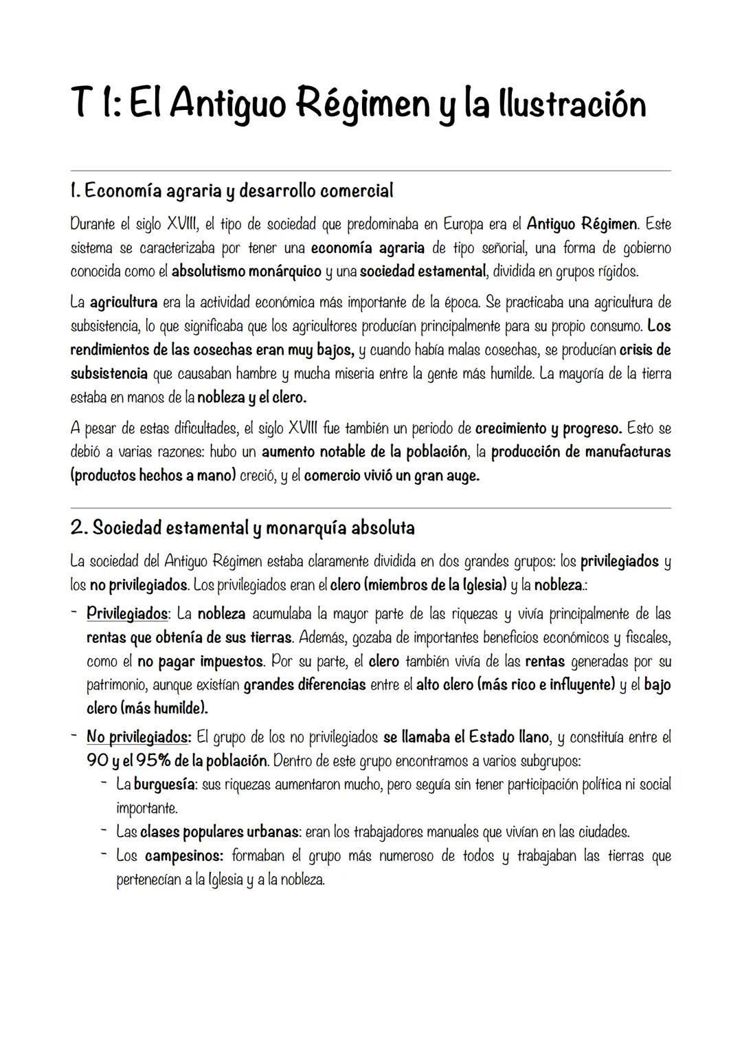 # T1: El Antiguo Régimen y la llustración
1. Economía agraria y desarrollo comercial
Durante el siglo XVIII, el tipo de sociedad que predo