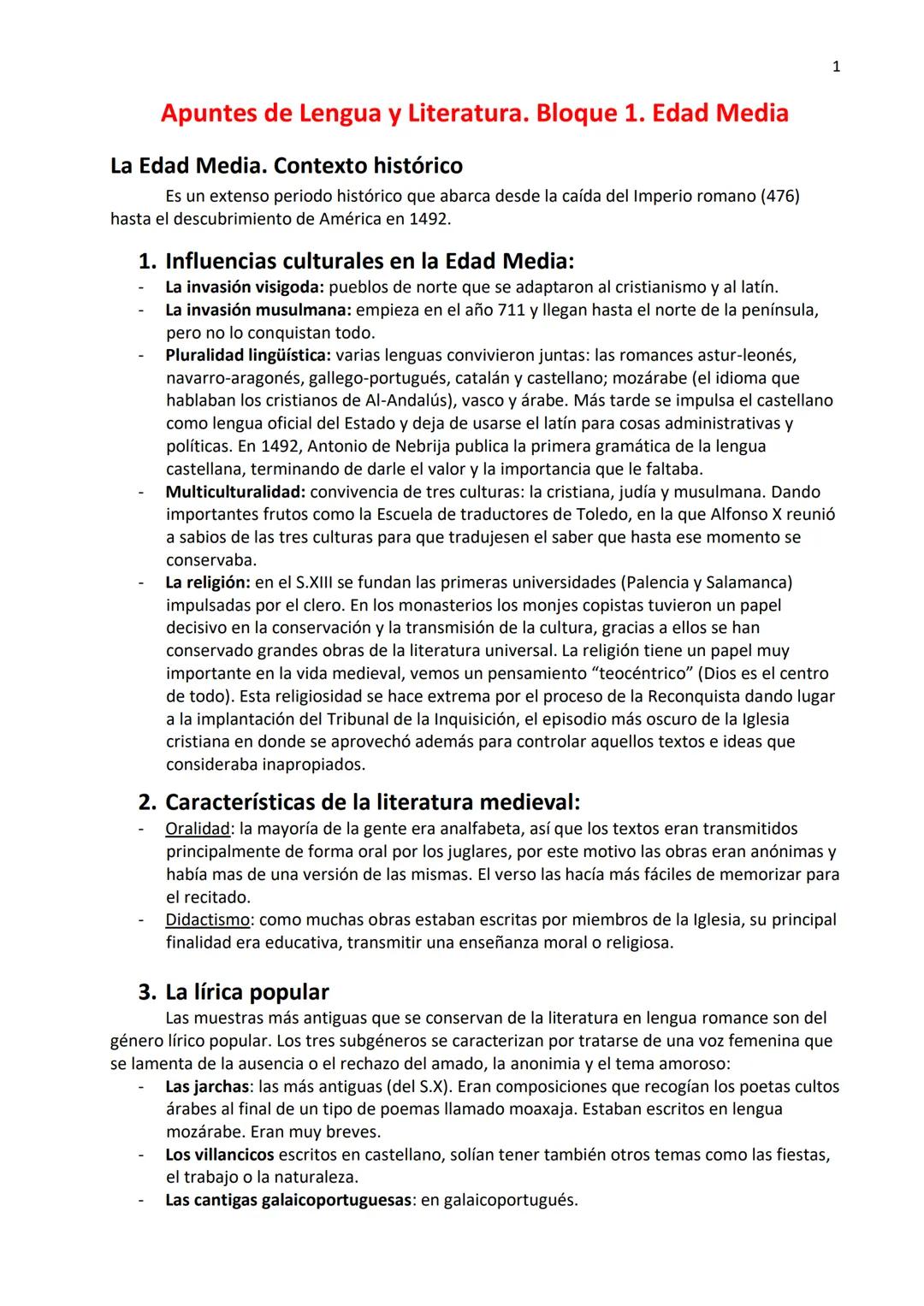 # Apuntes de Lengua y Literatura. Bloque 1. Edad Media
## La Edad Media. Contexto histórico
Es un extenso periodo histórico que abarca des