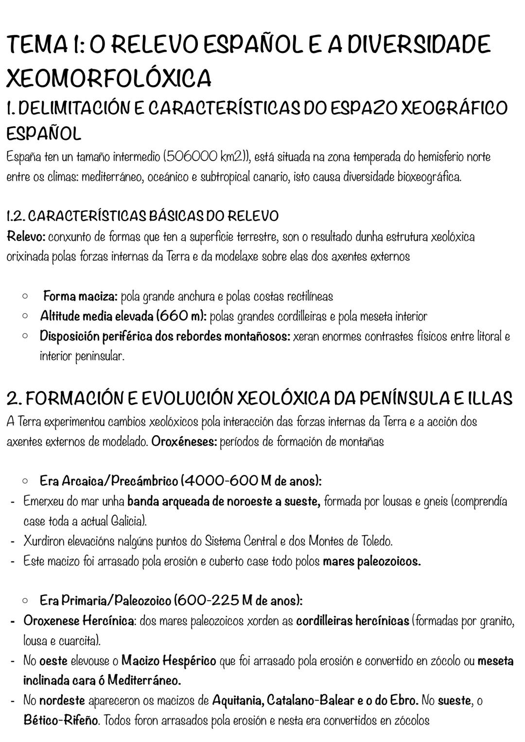 # Tema 1
Geografía # TEMA 1: O RELEVO ESPAÑOL E A DIVERSIDADE
XEOMORFOLÓXICA
1. DELIMITACIÓN E CARACTERÍSTICAS DO ESPAZO XEOGRÁFICO
ESPAÑO