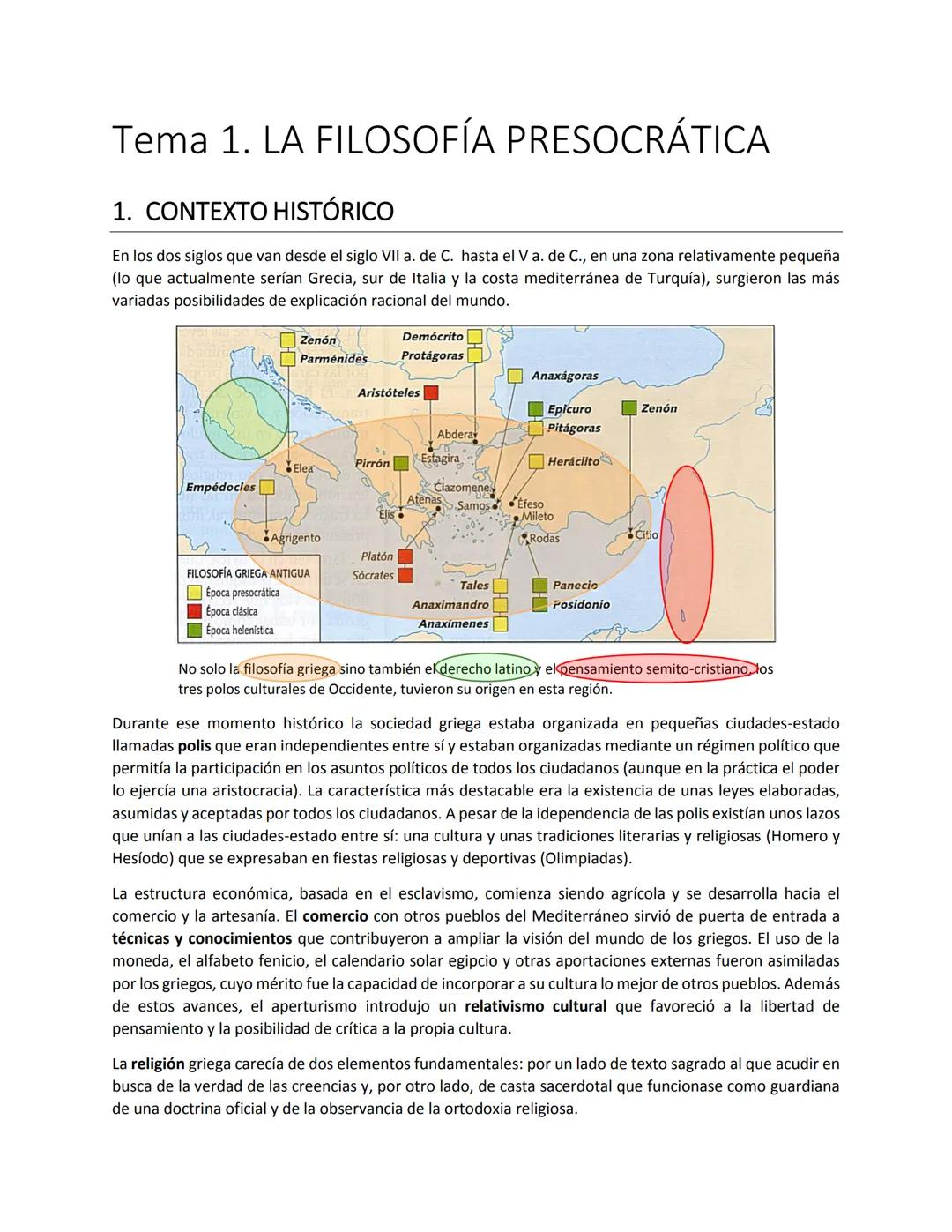 # Tema 1. LA FILOSOFÍA PRESOCRÁTICA
## 1. CONTEXTO HISTÓRICO
En los dos siglos que van desde el siglo VII a. de C. hasta el V a. de C., en
