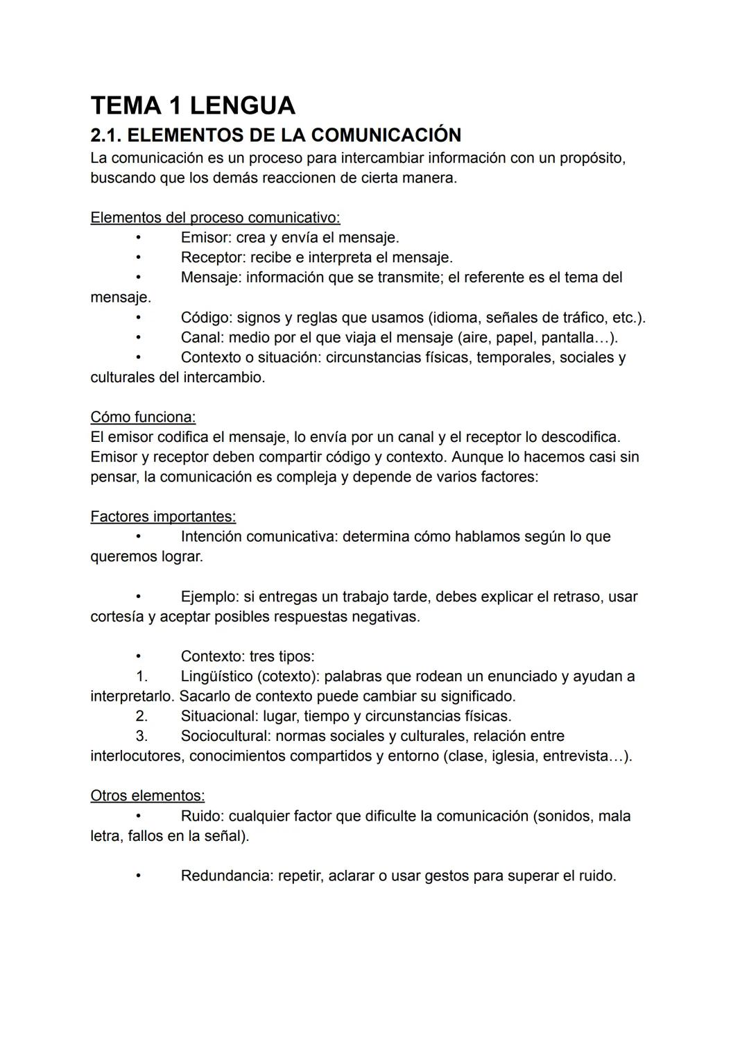# TEMA 1 LENGUA
2.1. ELEMENTOS DE LA COMUNICACIÓN
La comunicación es un proceso para intercambiar información con un propósito,
buscando q
