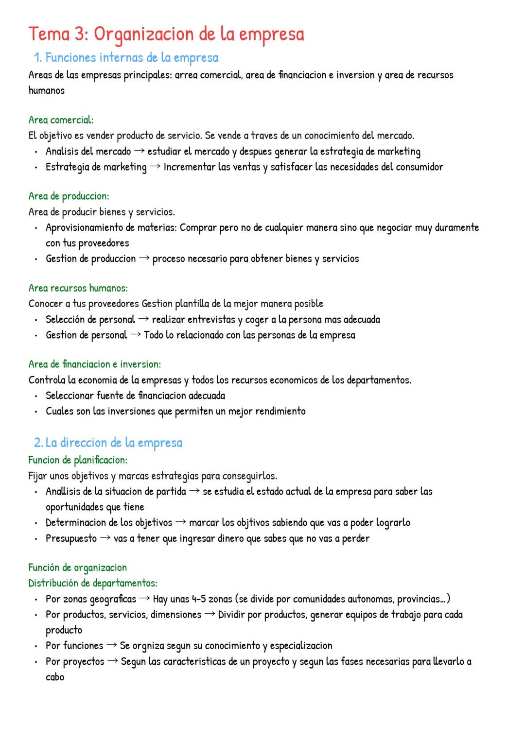 # Tema 3: Organizacion de la empresa
1. Funciones internas de la empresa
Areas de las empresas principales: arrea comercial, area de finan