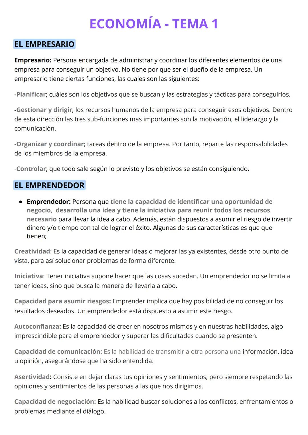 # ECONOMÍA - TEMA 1
EL EMPRESARIO
Empresario: Persona encargada de administrar y coordinar los diferentes elementos de una
empresa para co