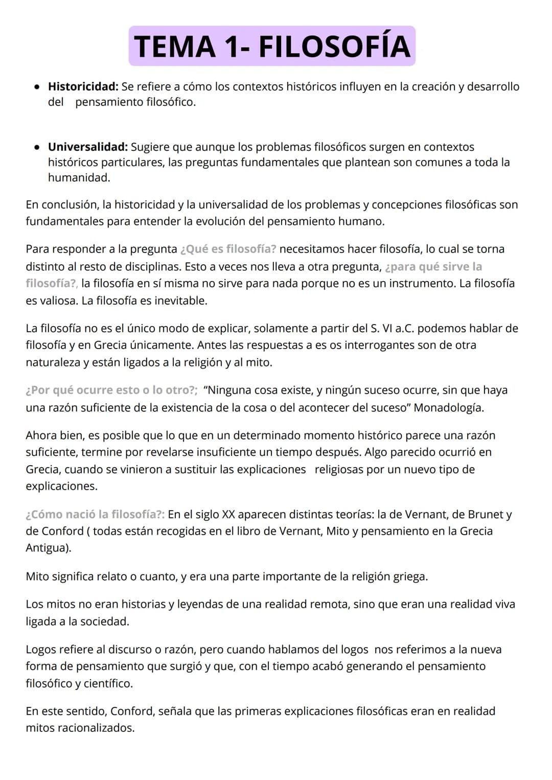 # TEMA 1- FILOSOFÍA
• Historicidad: Se refiere a cómo los contextos históricos influyen en la creación y desarrollo
del pensamiento filosóf