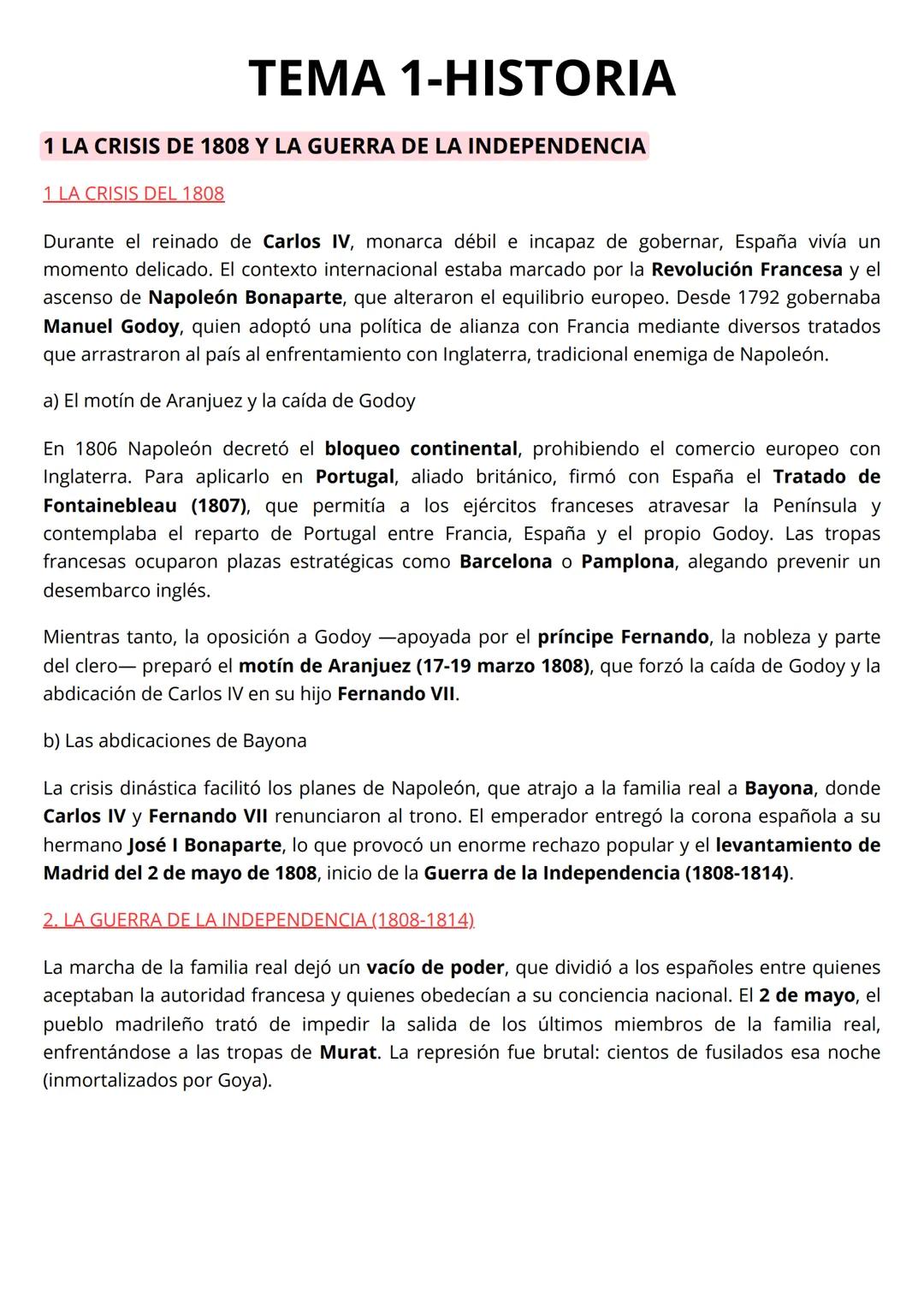 # TEMA 1-HISTORIA
1 LA CRISIS DE 1808 Y LA GUERRA DE LA INDEPENDENCIA
1 LA CRISIS DEL 1808
Durante el reinado de Carlos IV, monarca débil